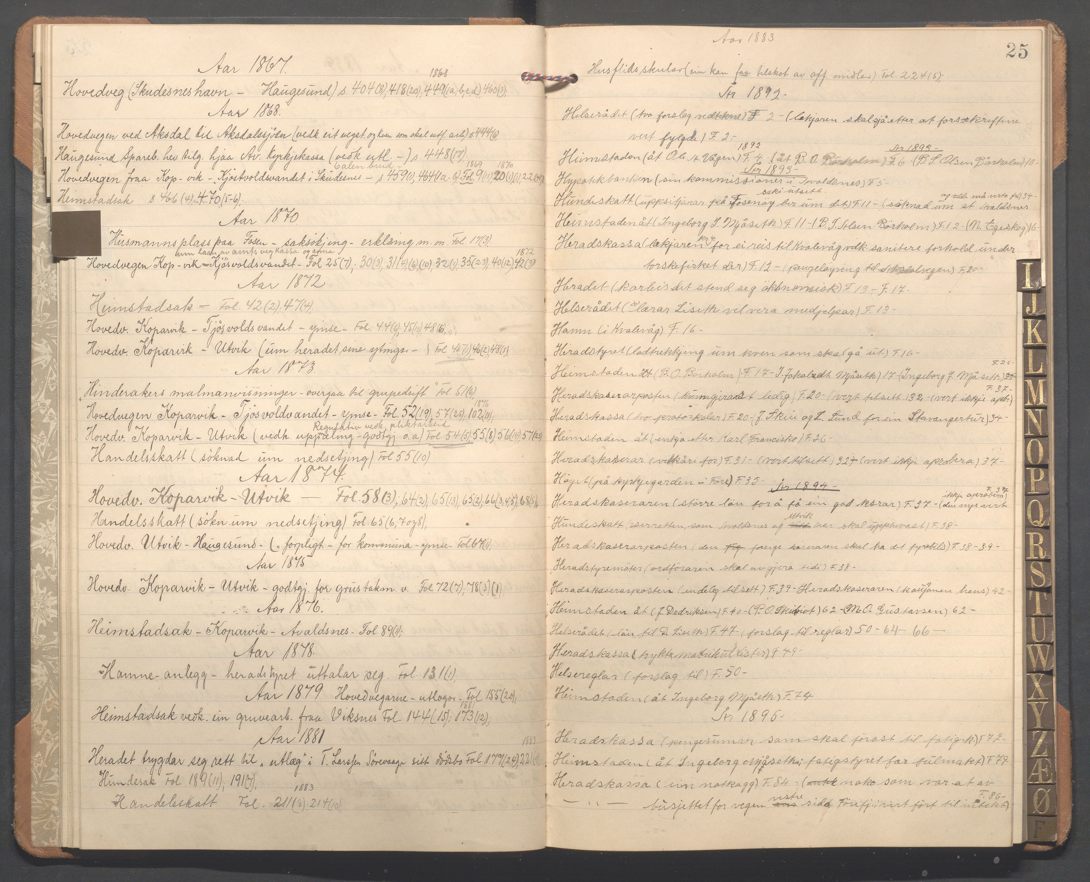 Avaldsnes kommune - Formannskapet, IKAR/K-101651/C/Cb/L0001: Register til møtebok, 1838-1901, s. 25