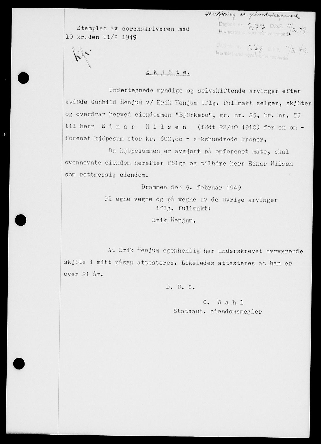 Holmestrand sorenskriveri, SAKO/A-67/G/Ga/Gaa/L0065: Pantebok nr. A-65, 1948-1949, Dagboknr: 277/1949