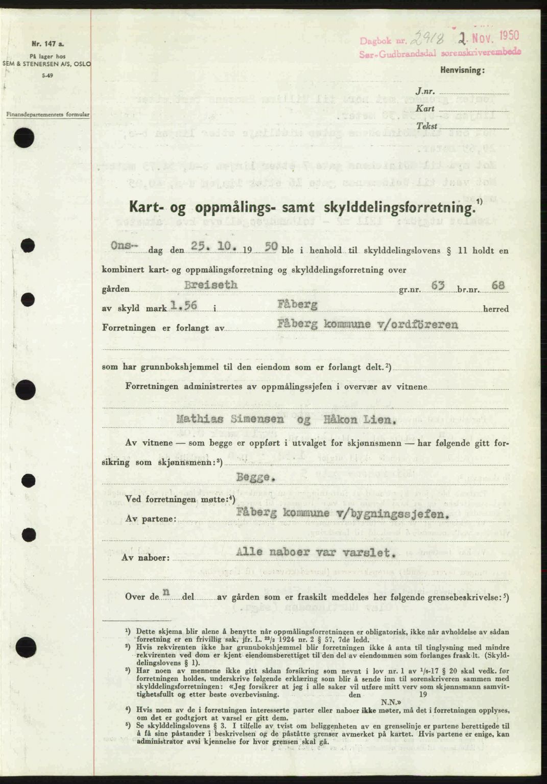Sør-Gudbrandsdal tingrett, SAH/TING-004/H/Hb/Hbd/L0029: Pantebok nr. A29, 1950-1950, Dagboknr: 2918/1950