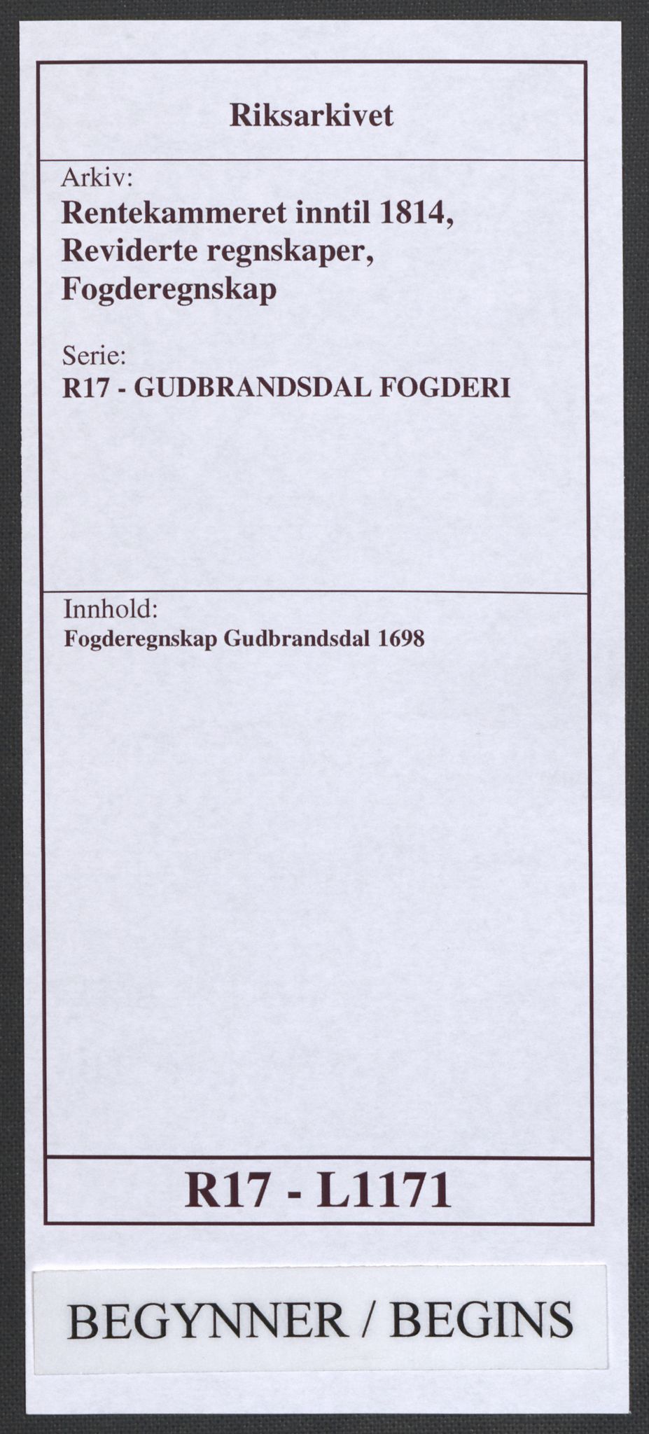 Rentekammeret inntil 1814, Reviderte regnskaper, Fogderegnskap, RA/EA-4092/R17/L1171: Fogderegnskap Gudbrandsdal, 1698, s. 1