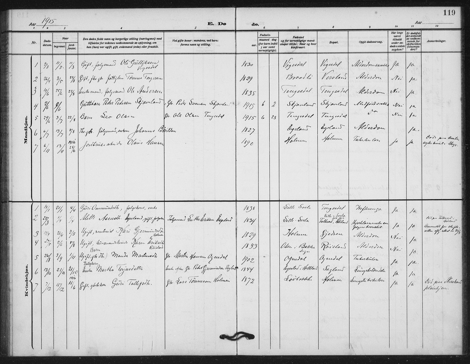 Helleland sokneprestkontor, SAST/A-101810: Ministerialbok nr. A 11, 1909-1922, s. 119