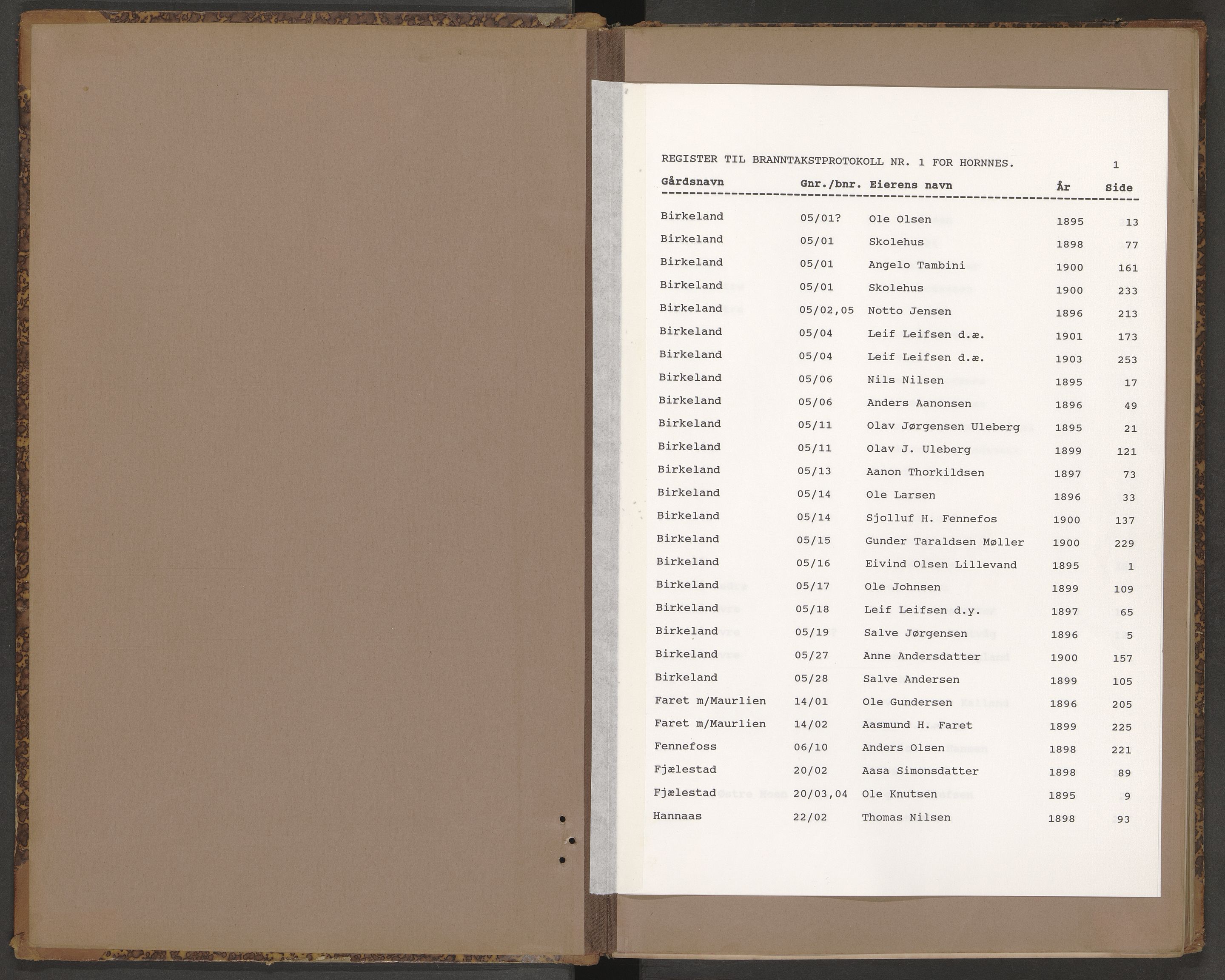 Norges Brannkasse Hornnes, AV/SAK-2241-0026/F/Fa/L0002: Branntakstprotokoll nr. 1 med gårdsnavnregister, 1895-1903