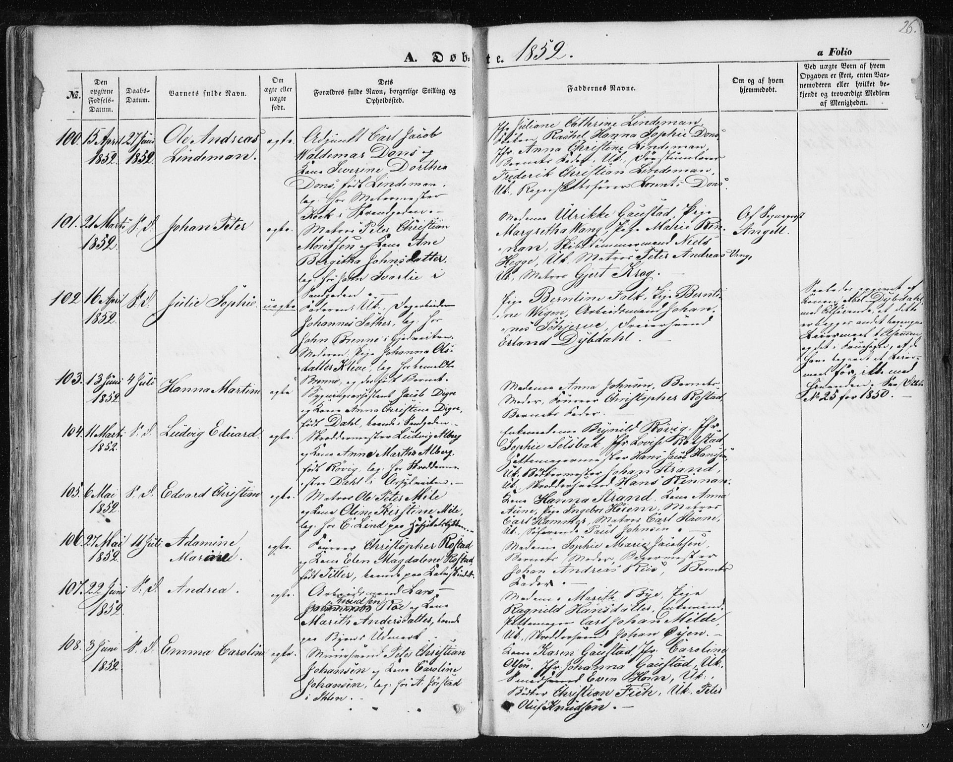 Ministerialprotokoller, klokkerbøker og fødselsregistre - Sør-Trøndelag, SAT/A-1456/602/L0112: Ministerialbok nr. 602A10, 1848-1859, s. 26