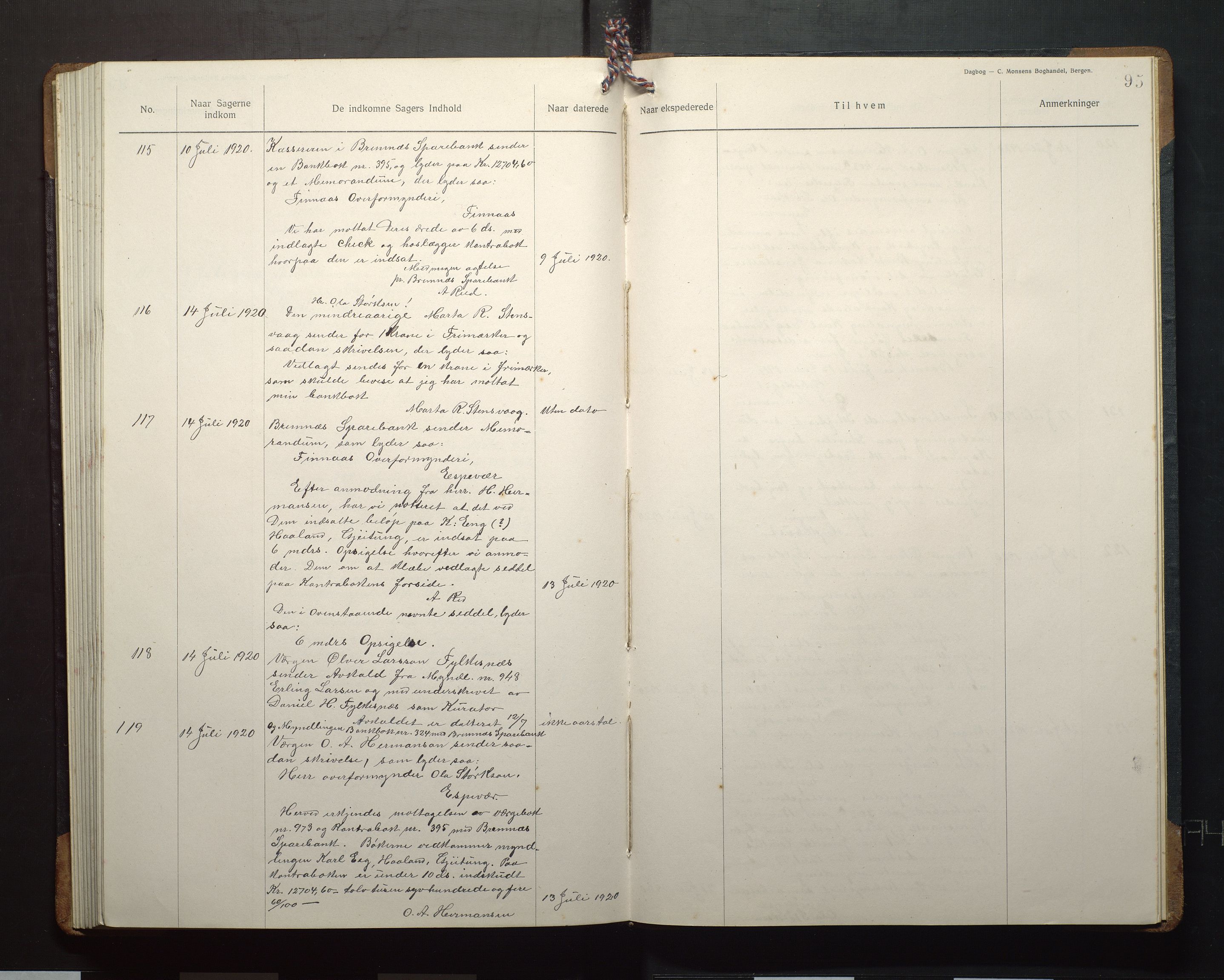 Finnaas kommune. Overformynderiet, IKAH/1218a-812/C/Ca/Caa/L0008: Postjournal for Finnås overformynderi, 1918-1920, s. 95