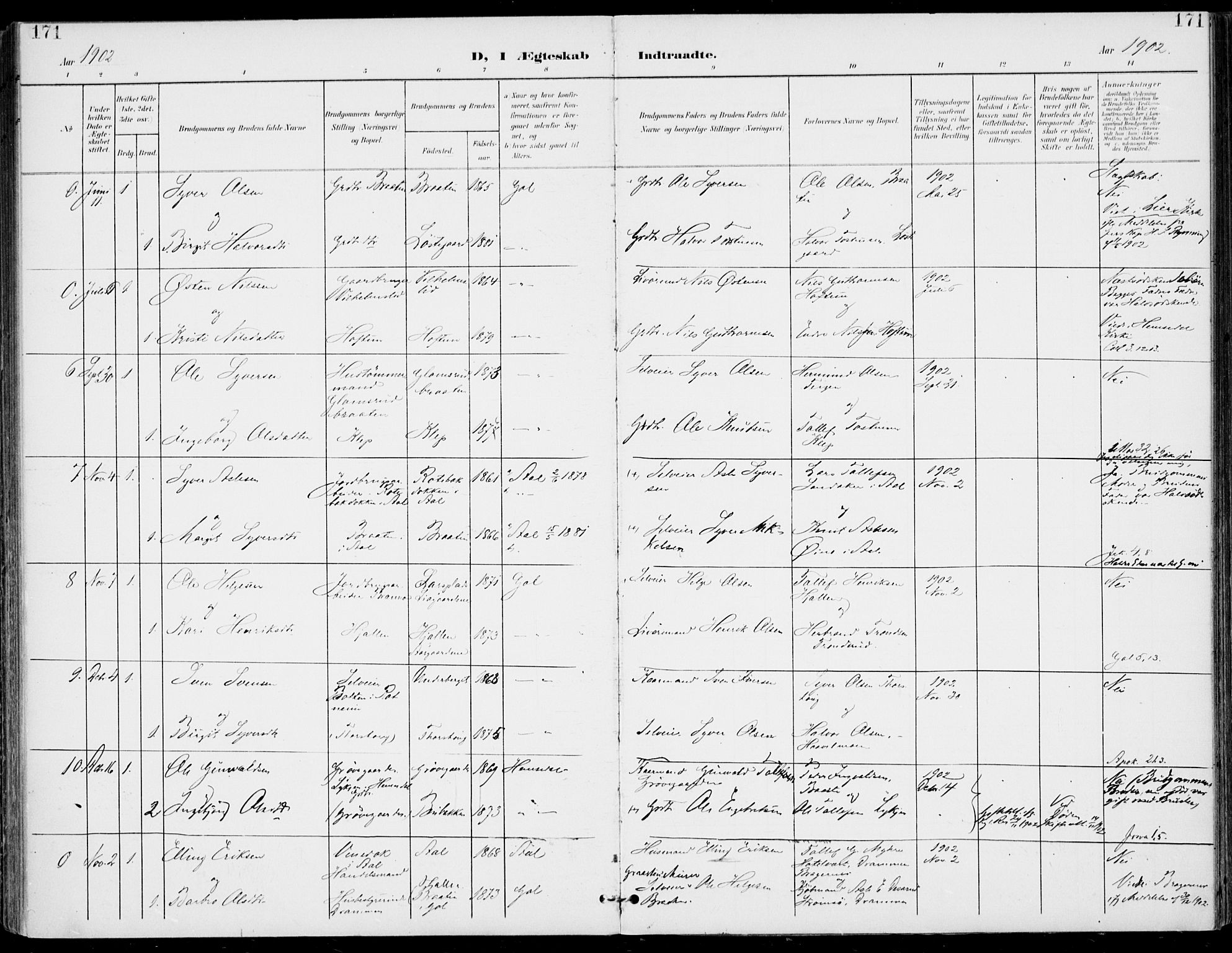 Gol kirkebøker, AV/SAKO-A-226/F/Fa/L0006: Ministerialbok nr. I 6, 1901-1918, s. 171