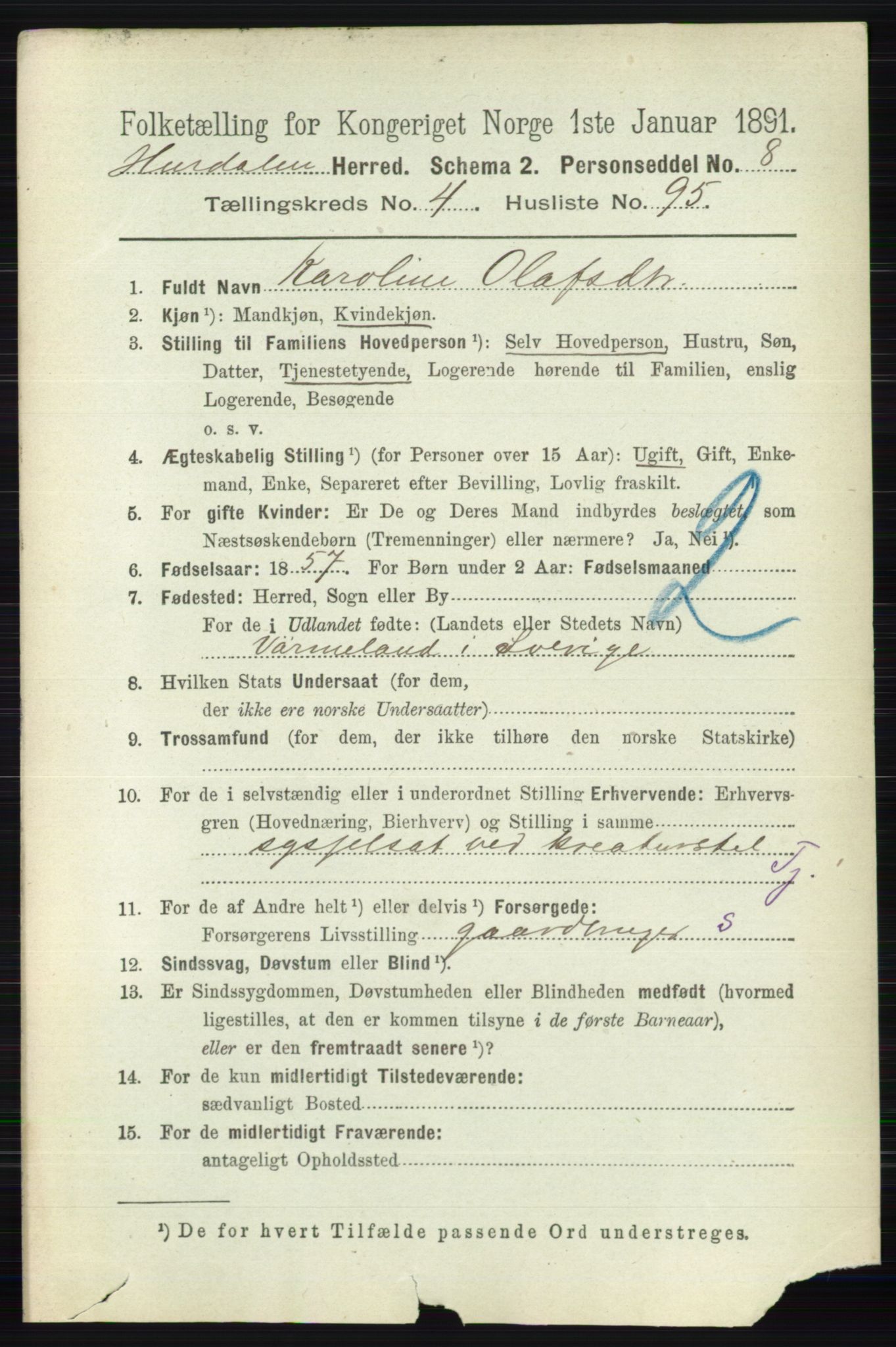 RA, Folketelling 1891 for 0239 Hurdal herred, 1891, s. 1999