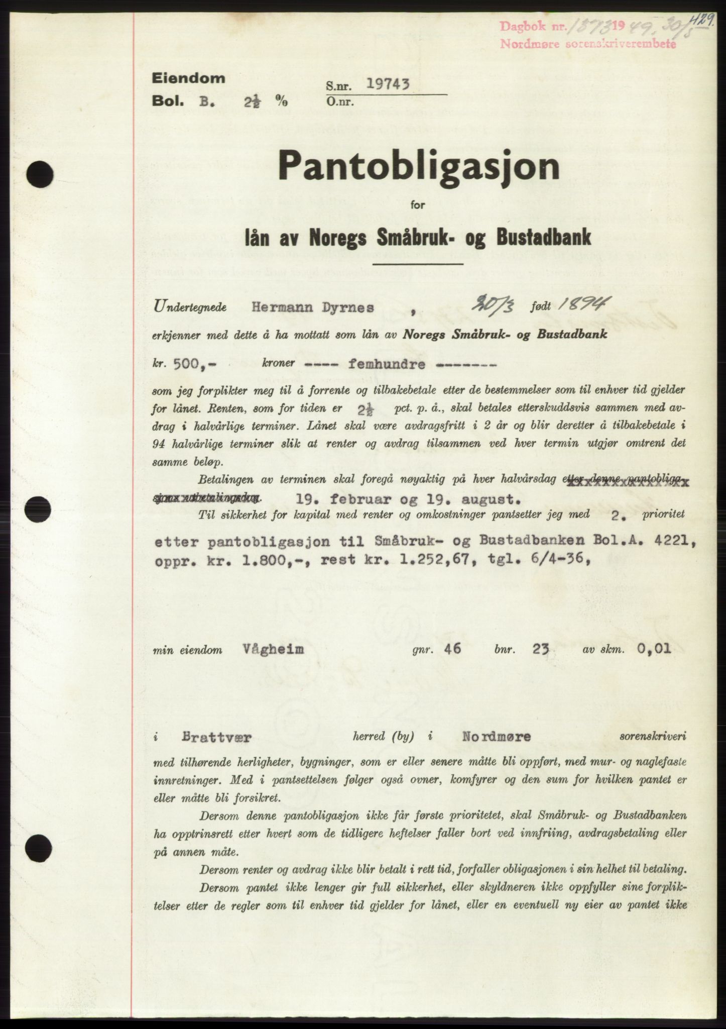 Nordmøre sorenskriveri, SAT/A-4132/1/2/2Ca: Pantebok nr. B101, 1949-1949, Dagboknr: 1373/1949