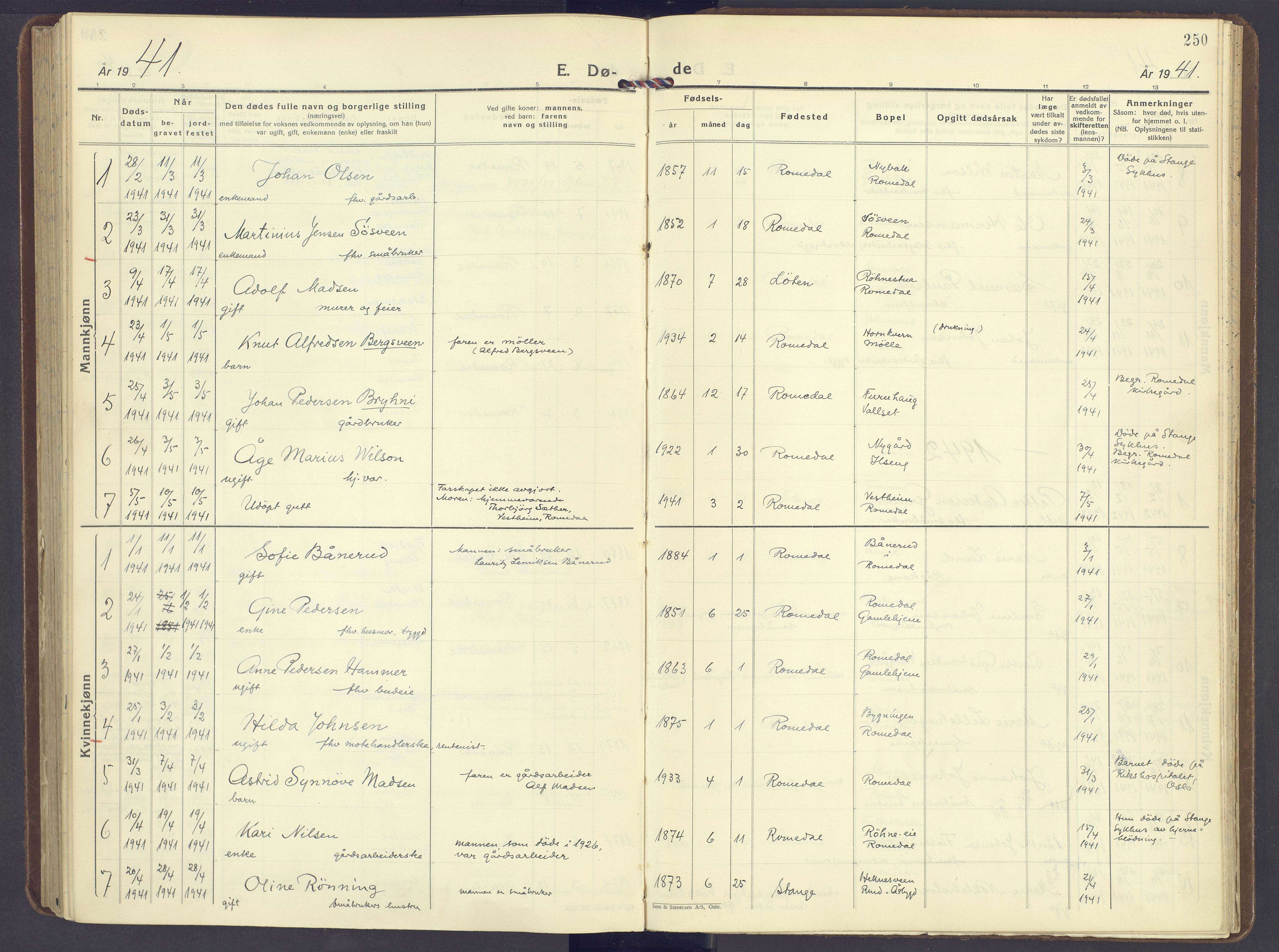 Romedal prestekontor, SAH/PREST-004/K/L0014: Ministerialbok nr. 14, 1936-1949, s. 250