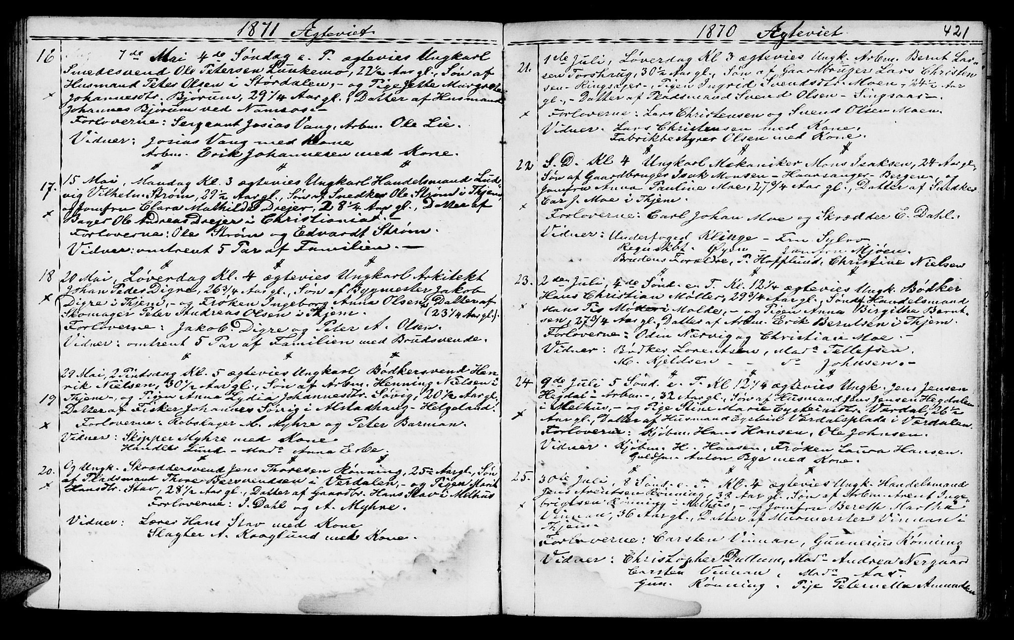 Ministerialprotokoller, klokkerbøker og fødselsregistre - Sør-Trøndelag, SAT/A-1456/602/L0140: Klokkerbok nr. 602C08, 1864-1872, s. 420-421