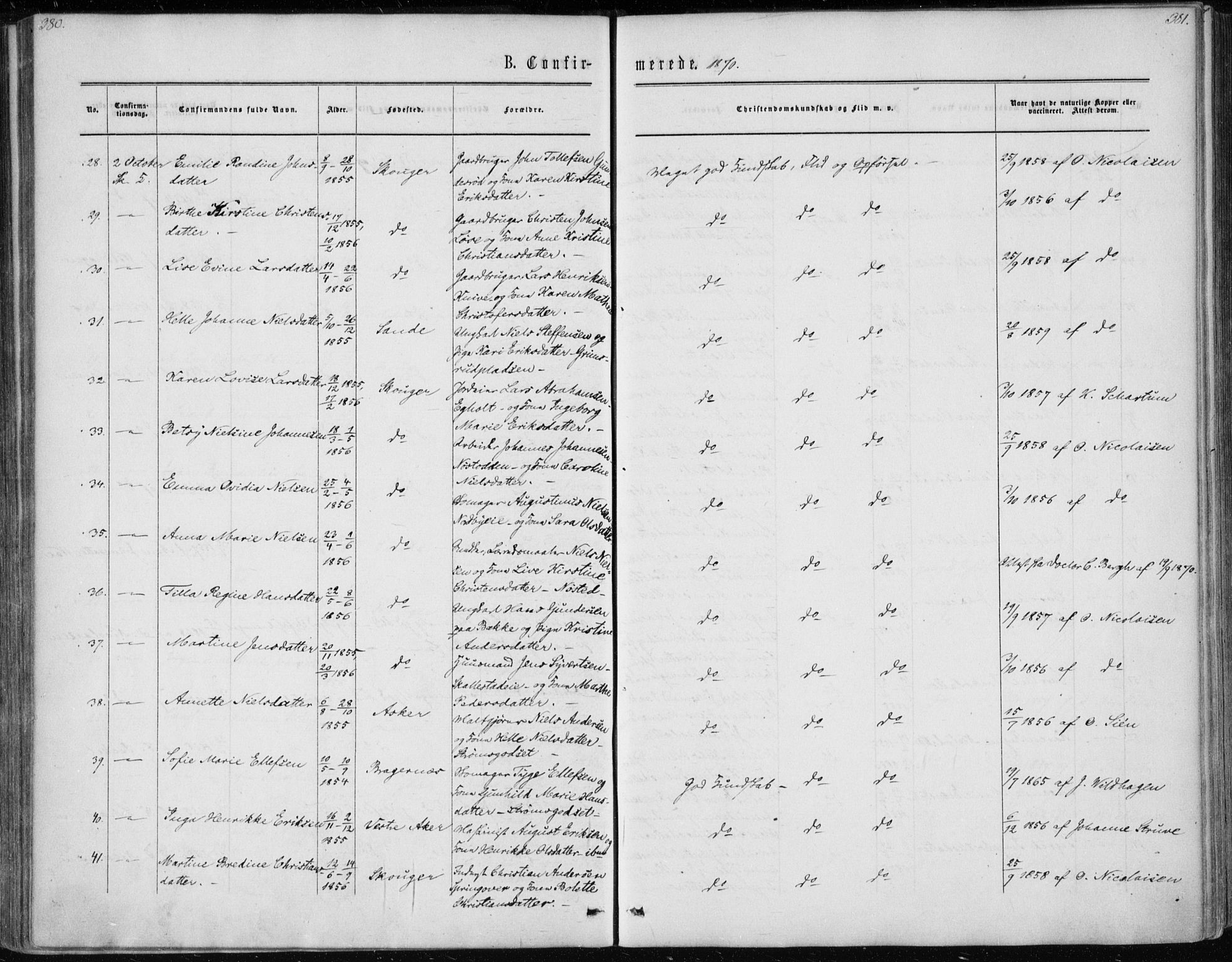 Skoger kirkebøker, AV/SAKO-A-59/F/Fa/L0004: Ministerialbok nr. I 4, 1862-1872, s. 380-381