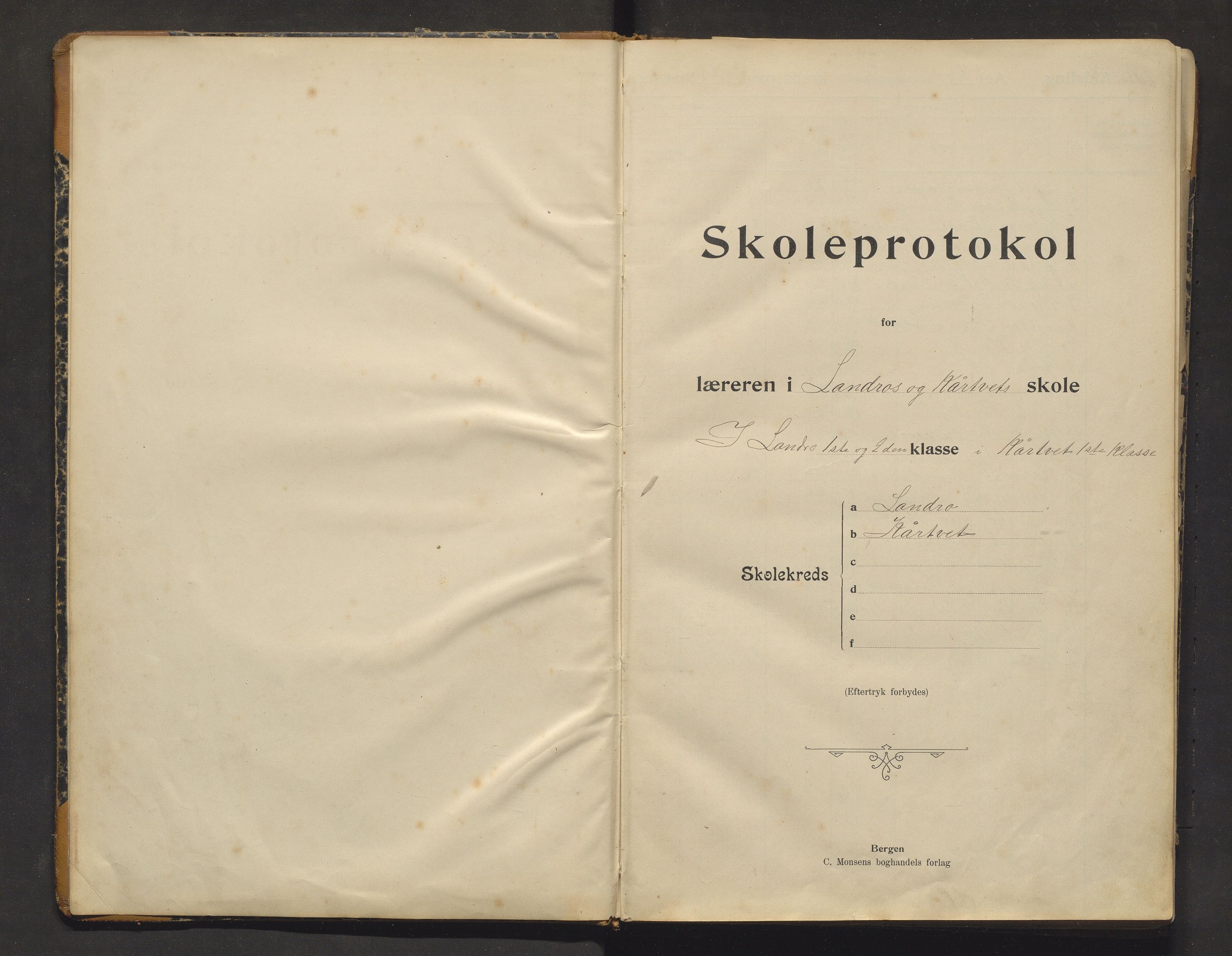 Fjell kommune. Barneskulane, IKAH/1246-231/F/Fk/L0001: Skuleprotokoll for Landro og Kårtveit skular, 1902-1919