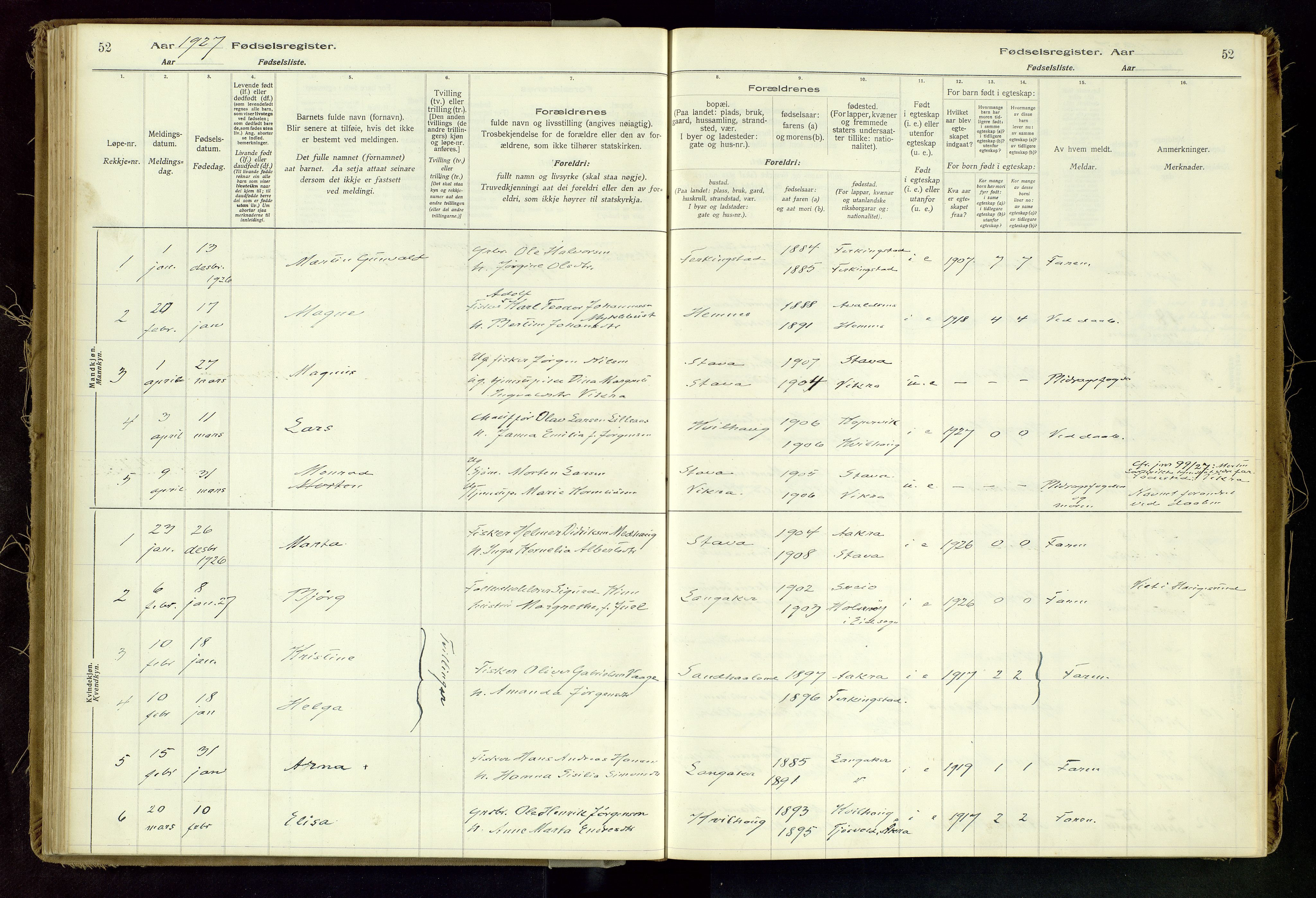 Skudenes sokneprestkontor, SAST/A -101849/I/Id/L0002: Fødselsregister nr. 2, 1916-1962, s. 52