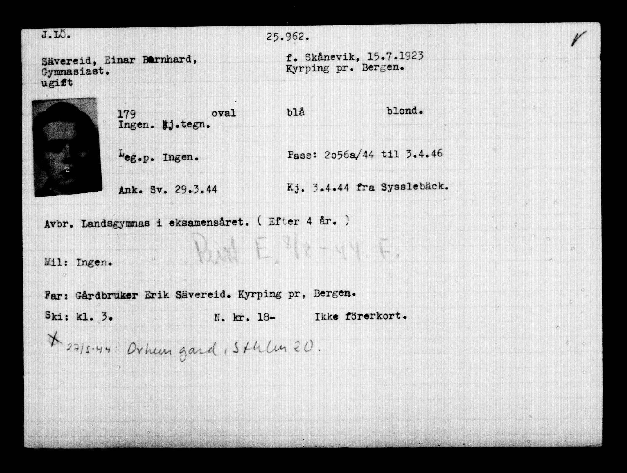 Utenriksstasjonene, Legasjonen i Stockholm, Flyktningkontoret, AV/RA-S-6753/V/Va/L0011: Kjesäterkartoteket, flyktninger med registreringsnr. 25300-28349, 1940-1945, s. 690