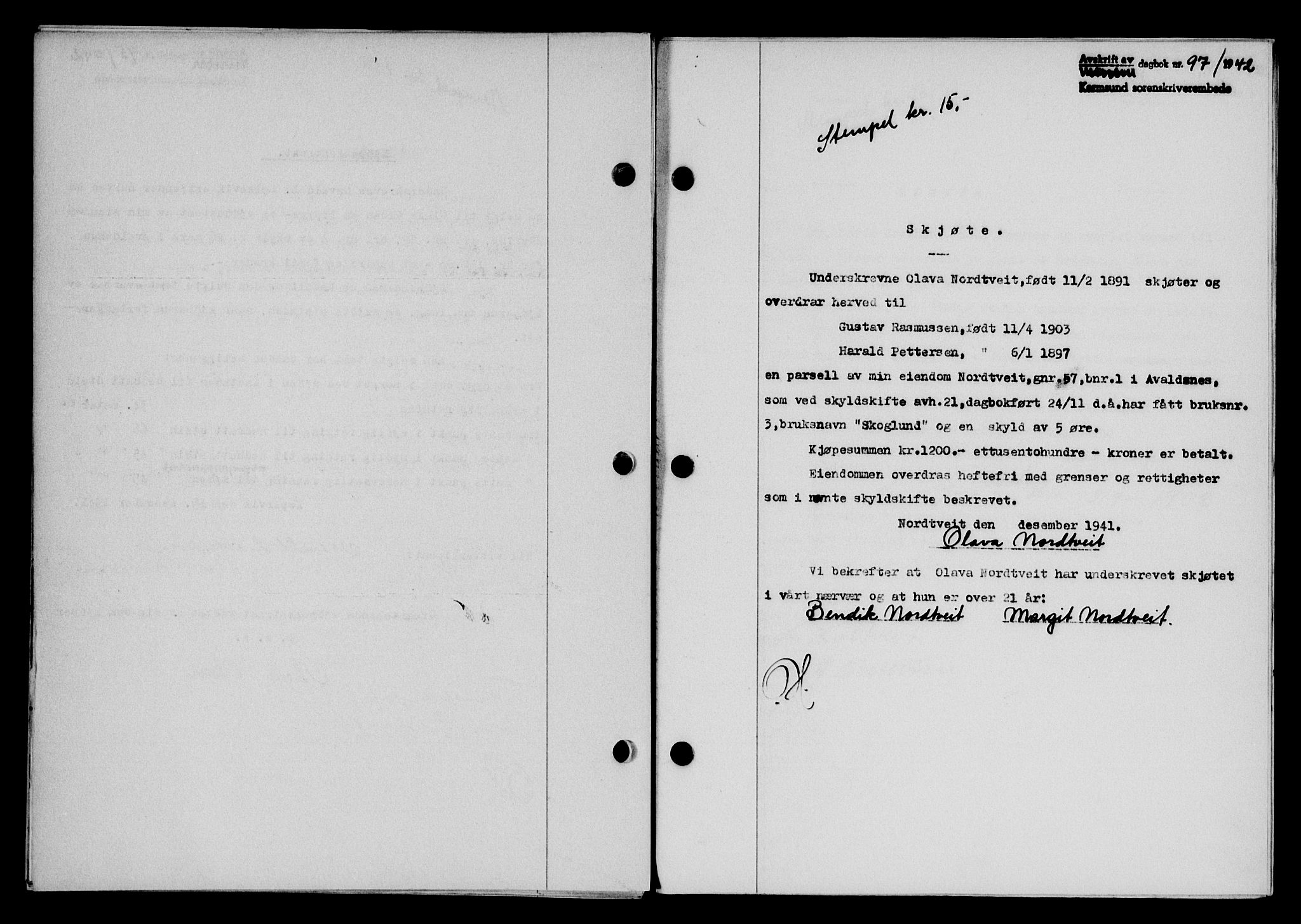 Karmsund sorenskriveri, SAST/A-100311/01/II/IIB/L0077: Pantebok nr. 58A, 1942-1942, Dagboknr: 97/1942