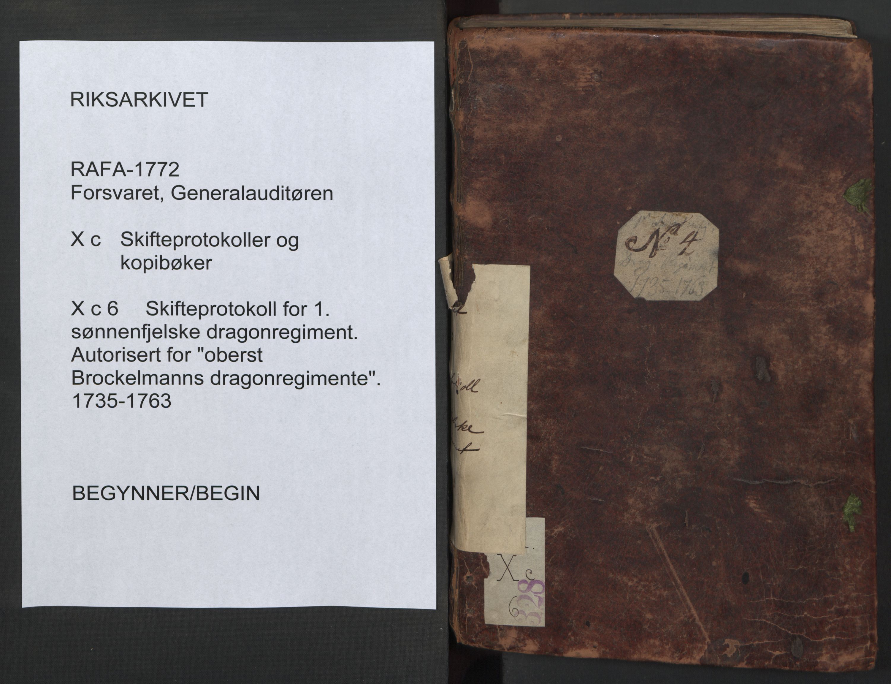 Forsvaret, Generalauditøren, RA/RAFA-1772/F/Fj/Fjc/L0006: Skifteprotokol for 1ste søndenfjeldske dragonregiment, 1735-1763