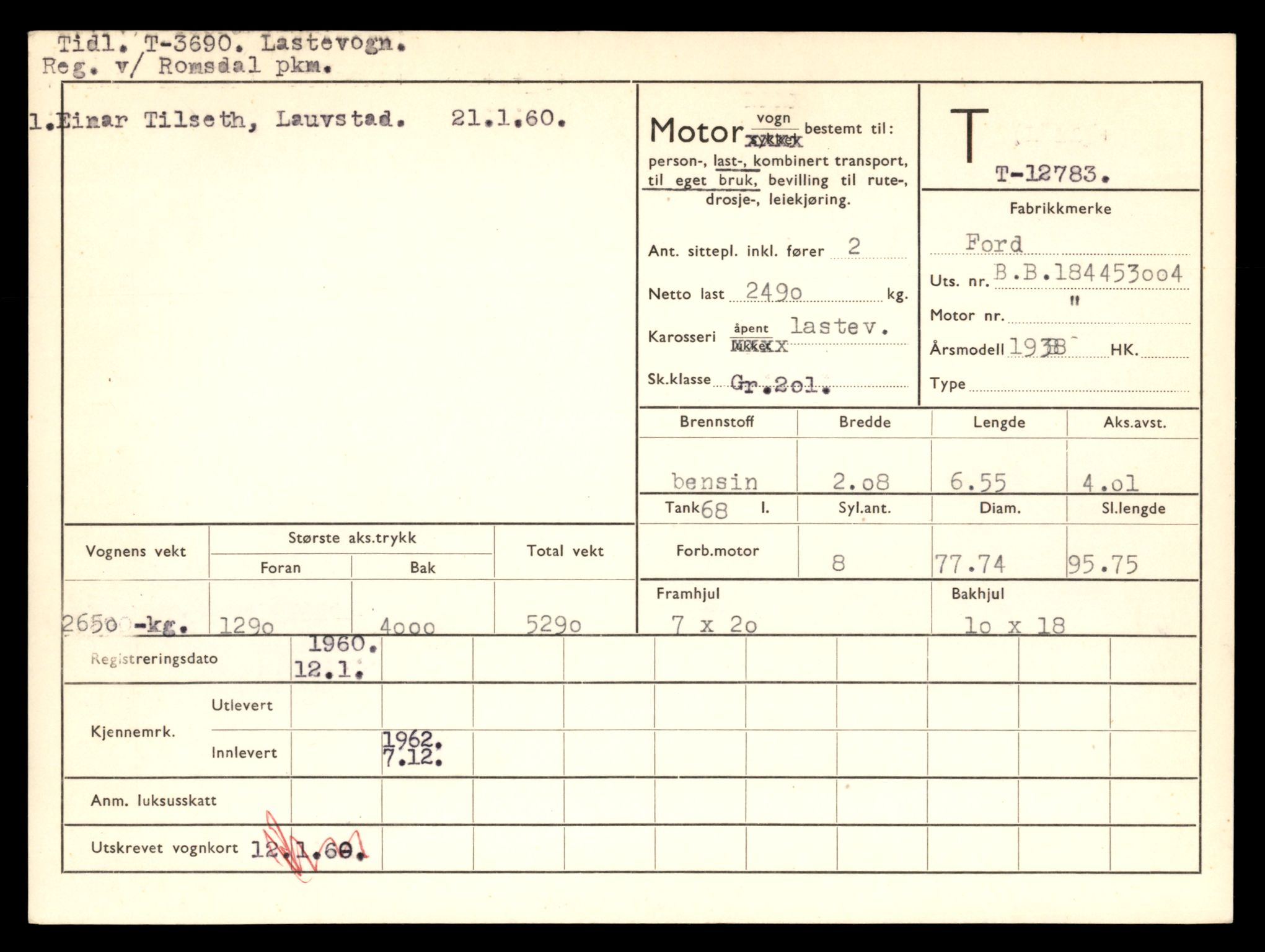 Møre og Romsdal vegkontor - Ålesund trafikkstasjon, AV/SAT-A-4099/F/Fe/L0035: Registreringskort for kjøretøy T 12653 - T 12829, 1927-1998, s. 2194