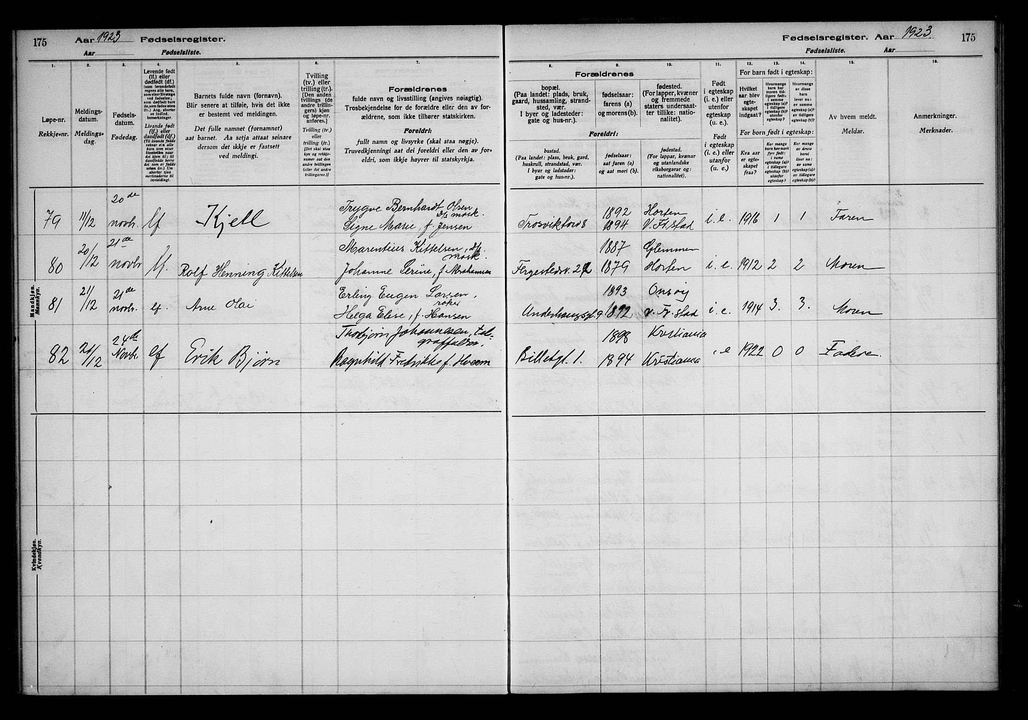 Fredrikstad domkirkes prestekontor Kirkebøker, AV/SAO-A-10906/J/*Ja/L0001: Fødselsregister nr. 1, 1916-1925, s. 175