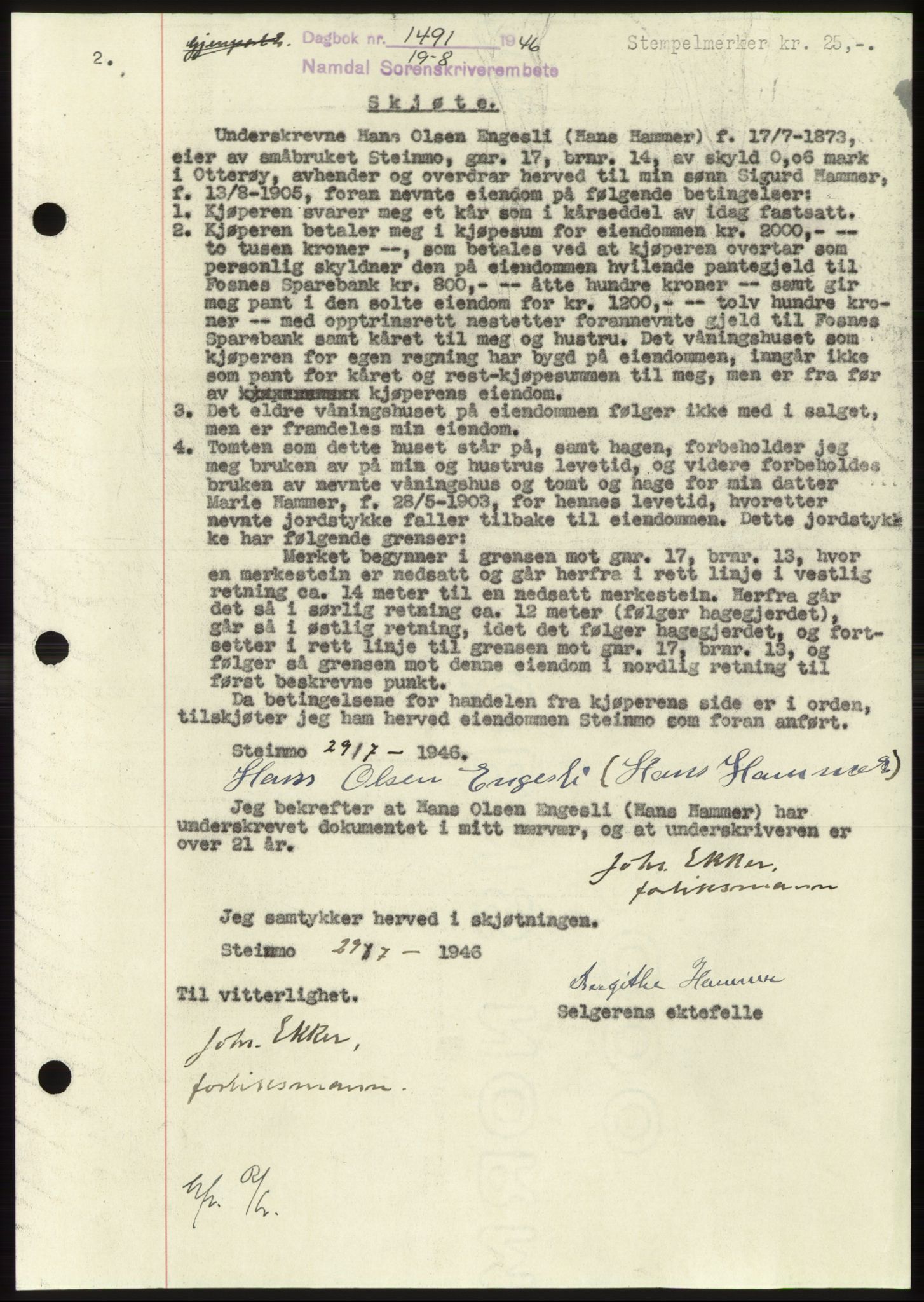 Namdal sorenskriveri, SAT/A-4133/1/2/2C: Pantebok nr. -, 1946-1946, Dagboknr: 1491/1946