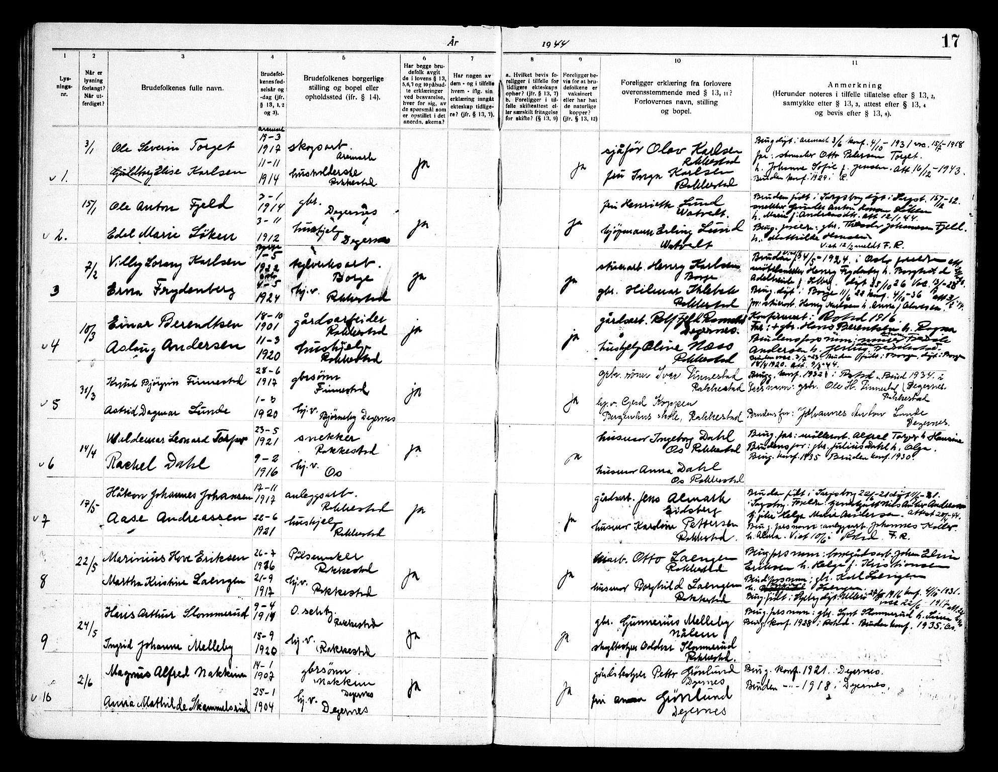 Rakkestad prestekontor Kirkebøker, SAO/A-2008/H/Ha/L0002: Lysningsprotokoll nr. 2, 1941-1958, s. 17
