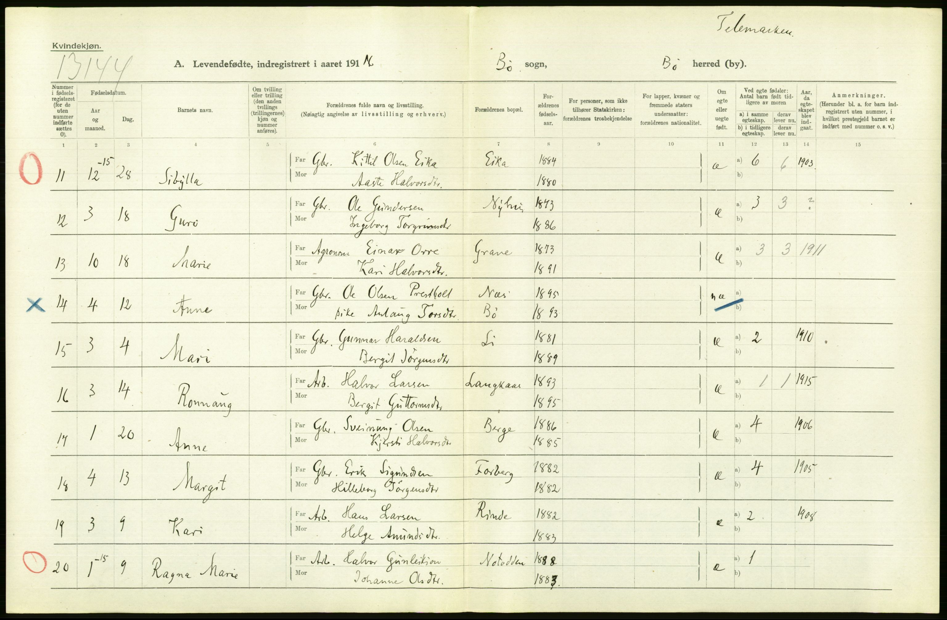 Statistisk sentralbyrå, Sosiodemografiske emner, Befolkning, AV/RA-S-2228/D/Df/Dfb/Dfbf/L0022: Bratsberg amt: Levendefødte menn og kvinner. Bygder., 1916, s. 286