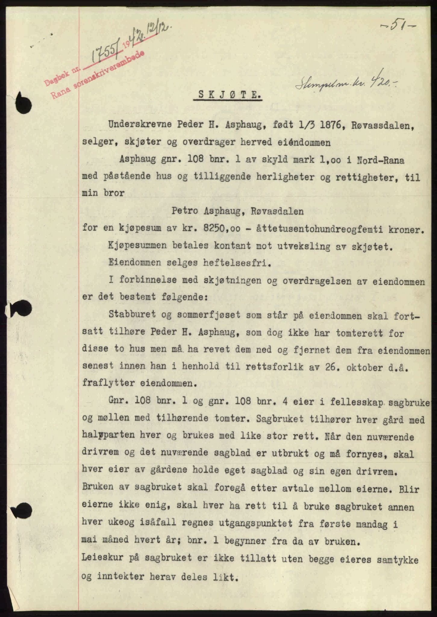 Rana sorenskriveri , SAT/A-1108/1/2/2C: Pantebok nr. A 10, 1942-1943, Dagboknr: 1755/1942