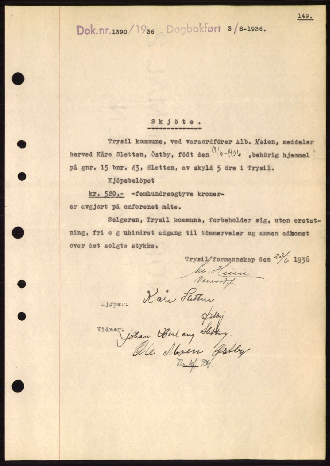 Sør-Østerdal sorenskriveri, SAH/TING-018/H/Hb/Hbb/L0054: Pantebok nr. A54, 1936-1936, Dagboknr: 1390/1936