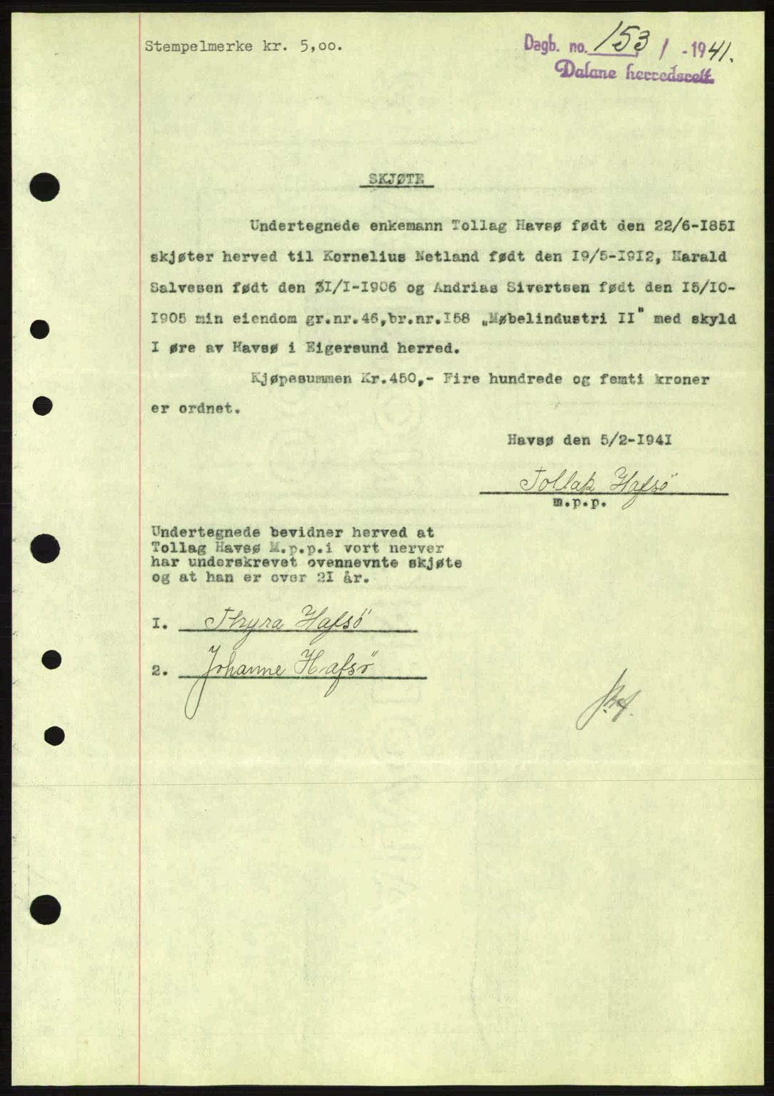 Dalane sorenskriveri, SAST/A-100309/02/G/Gb/L0044: Pantebok nr. A5, 1940-1941, Dagboknr: 153/1941