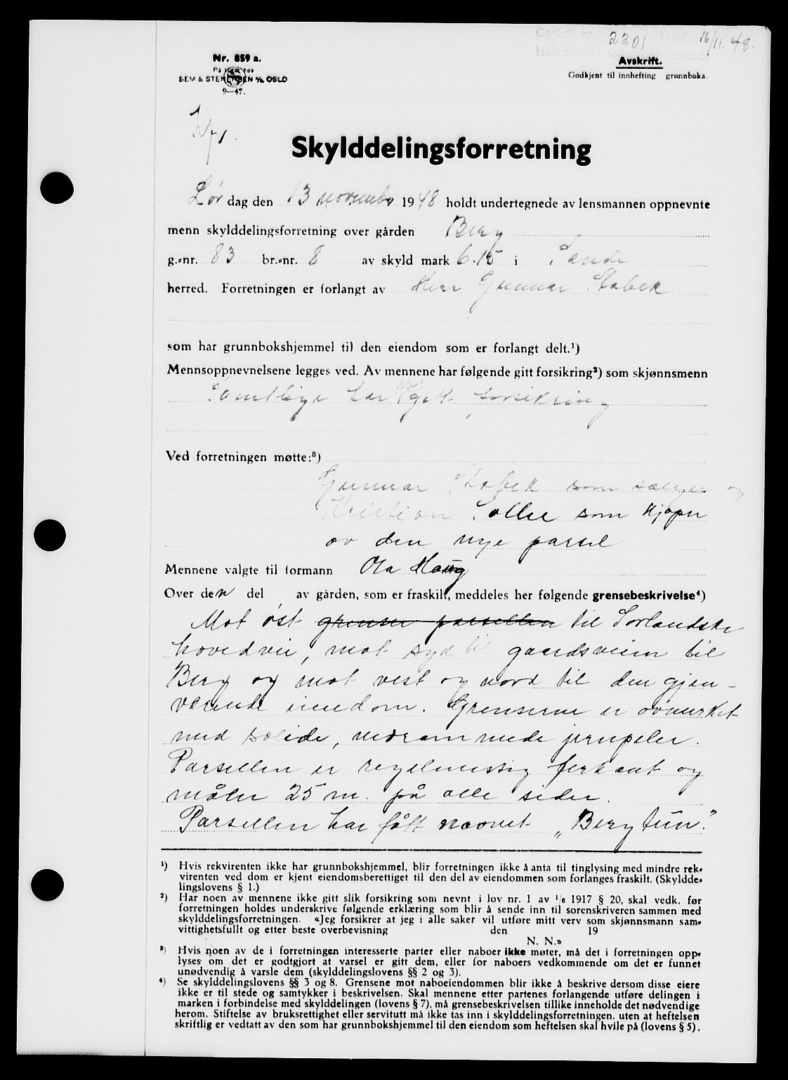 Holmestrand sorenskriveri, SAKO/A-67/G/Ga/Gaa/L0065: Pantebok nr. A-65, 1948-1949, Dagboknr: 2201/1948
