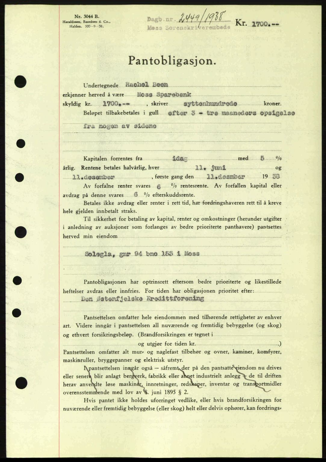 Moss sorenskriveri, SAO/A-10168: Pantebok nr. B6, 1938-1938, Dagboknr: 2449/1938