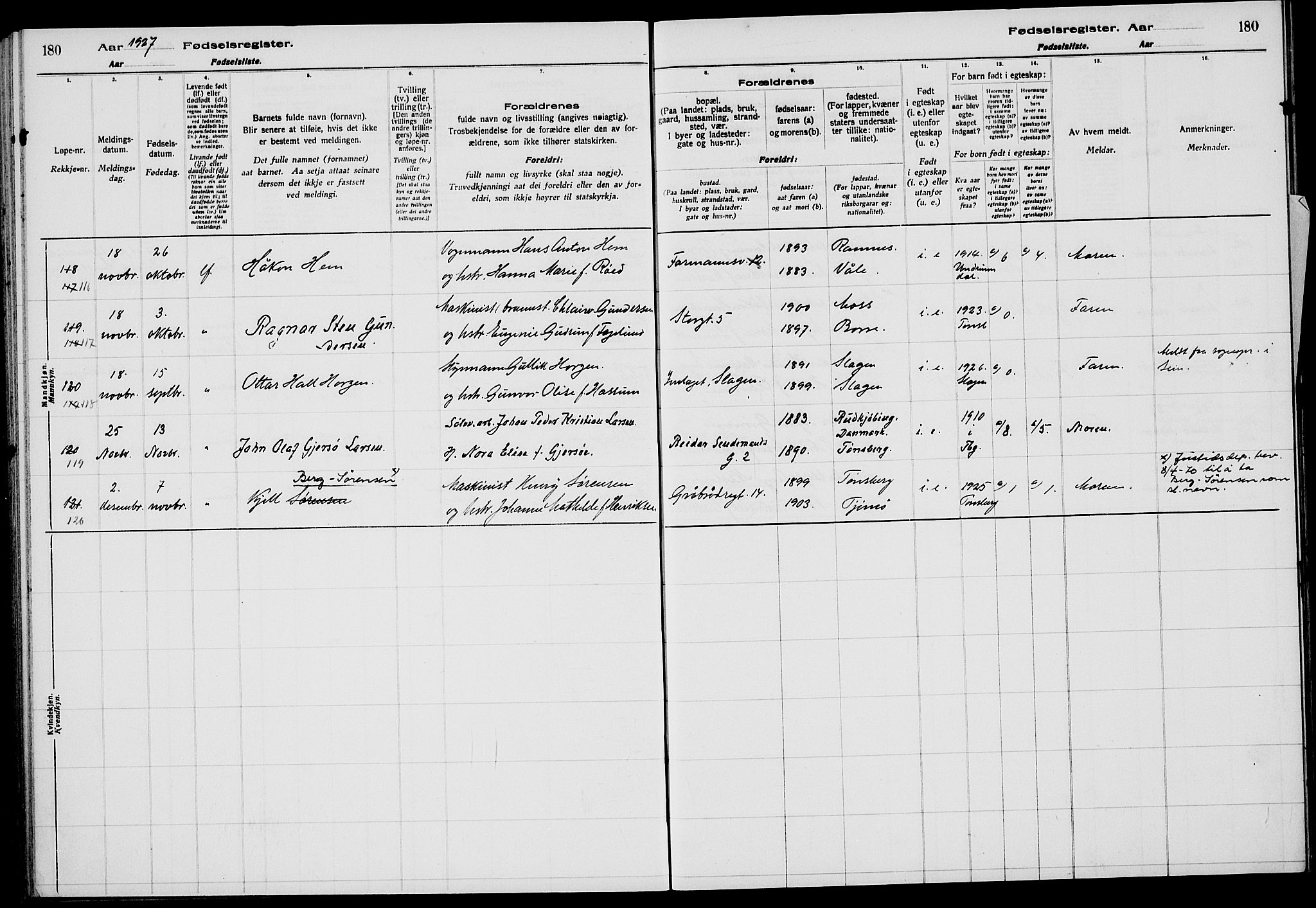 Tønsberg kirkebøker, AV/SAKO-A-330/J/Ja/L0002: Fødselsregister nr. 2, 1922-1928, s. 180