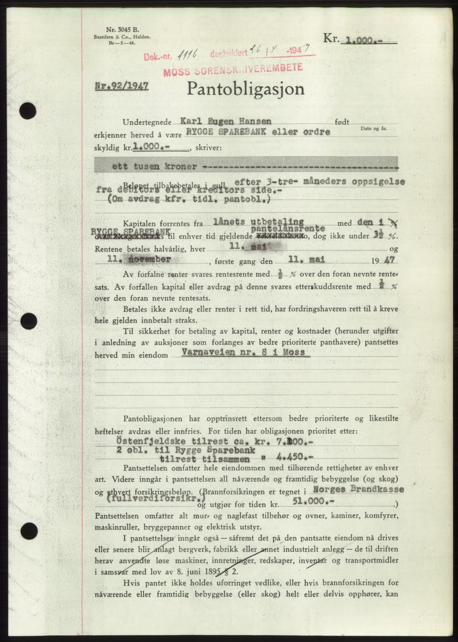 Moss sorenskriveri, SAO/A-10168: Pantebok nr. B17, 1947-1947, Dagboknr: 1116/1947