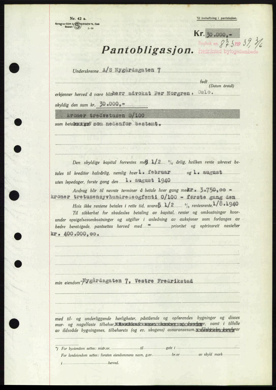 Fredrikstad byfogd, SAO/A-10473a/G/Ga/Gad/L0002: Pantebok nr. B2, 1938-1939, Dagboknr: 875/1939