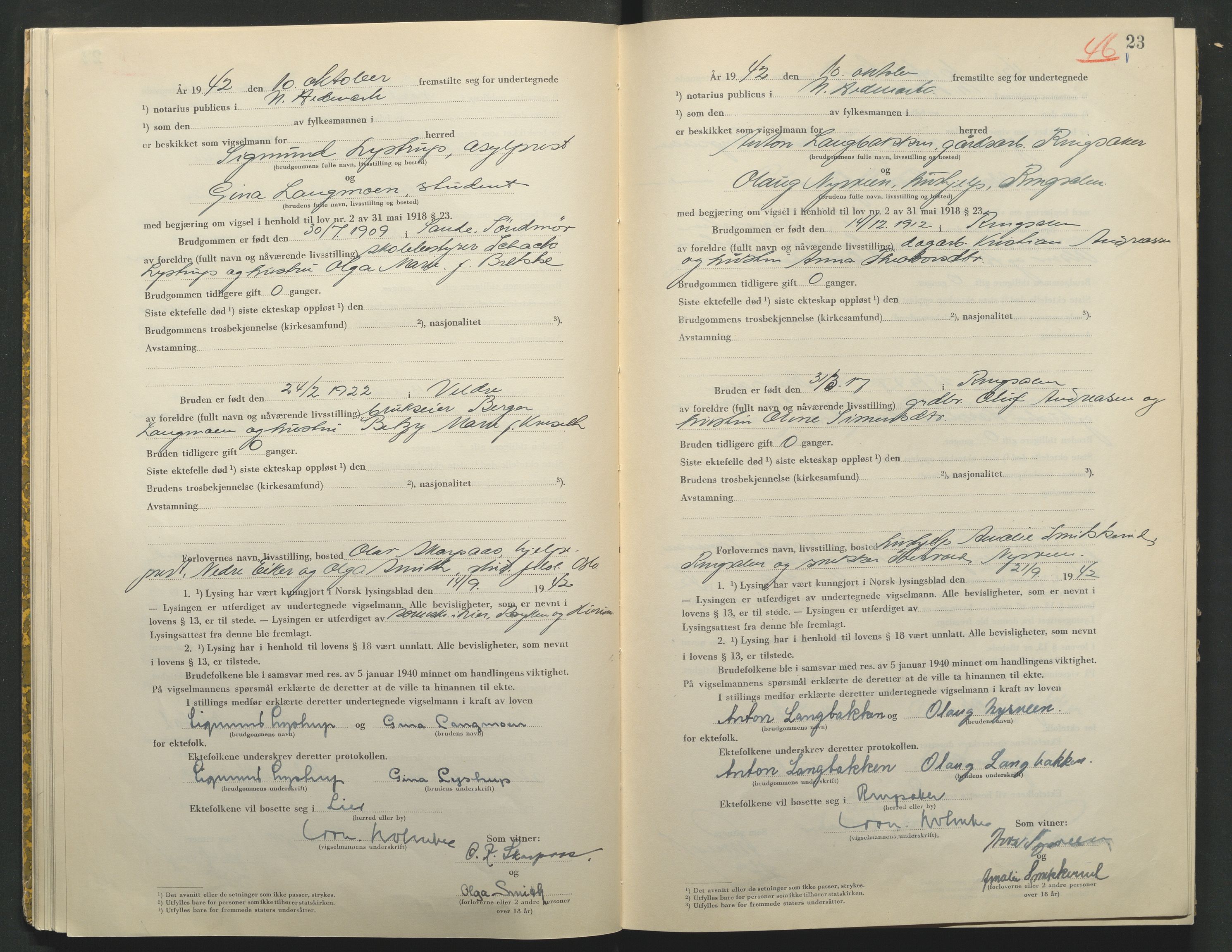Nord-Hedmark sorenskriveri, AV/SAH-TING-012/L/Lc/L0001/0002: Vigselsprotokoller / Vigselsprotokoll, 1942-1943, s. 23