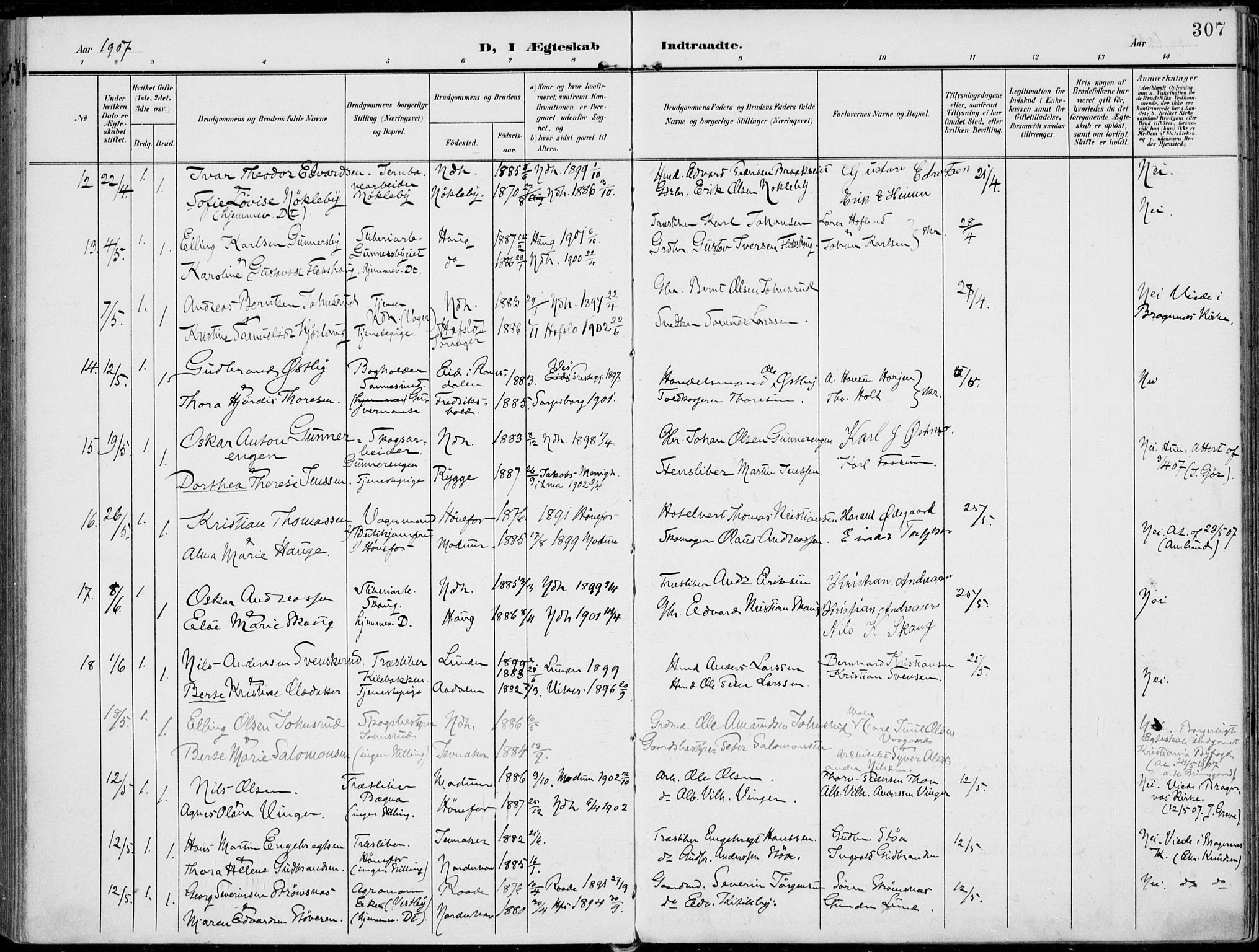 Norderhov kirkebøker, AV/SAKO-A-237/F/Fa/L0017: Ministerialbok nr. 17, 1903-1919, s. 307