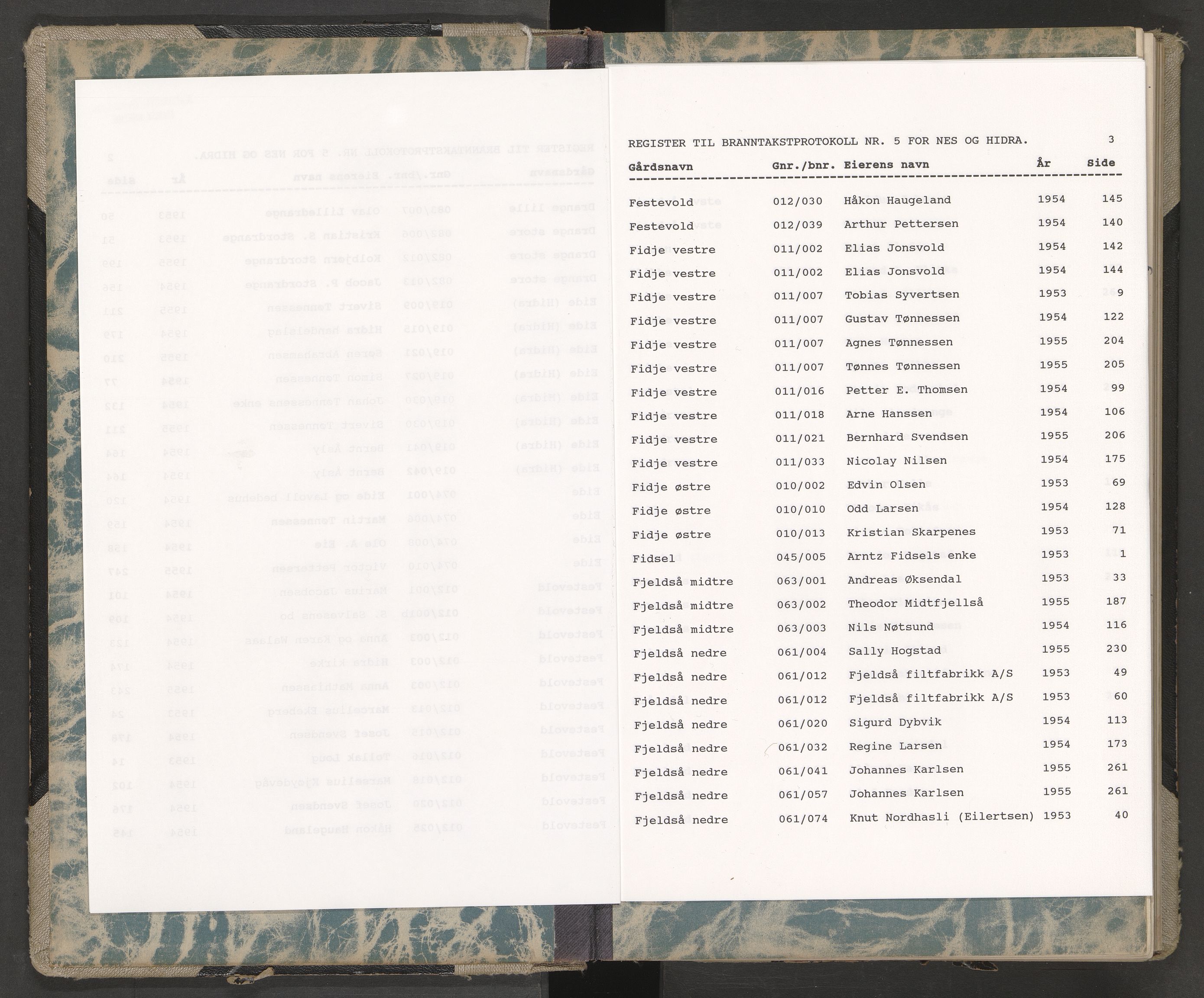 Norges Brannkasse Nes og Hidra, AV/SAK-2241-0040/F/Fa/L0005: Branntakstprotokoll nr. 5 med gårdsnavnregister, 1953-1955