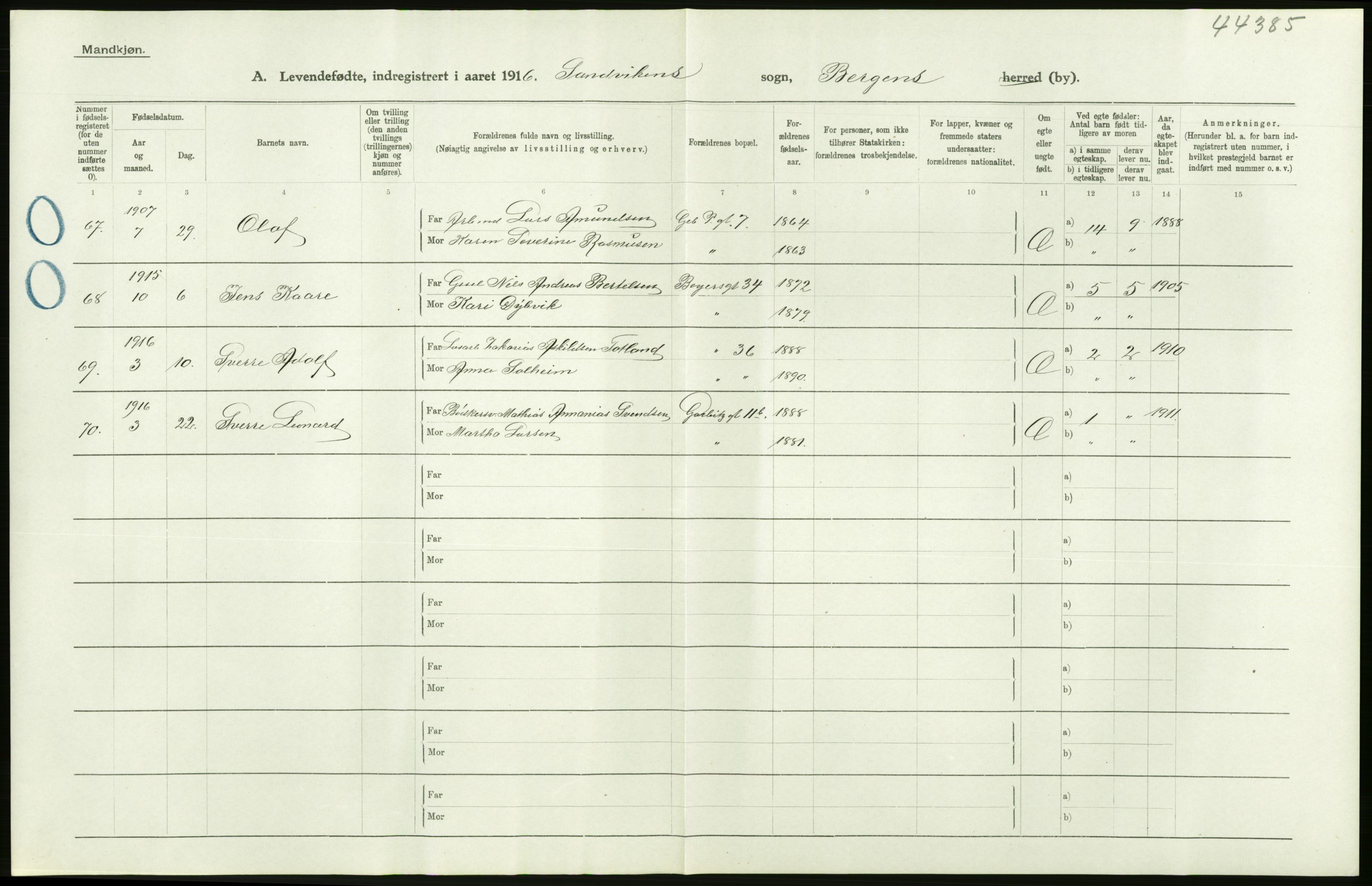 Statistisk sentralbyrå, Sosiodemografiske emner, Befolkning, AV/RA-S-2228/D/Df/Dfb/Dfbf/L0037: Bergen: Levendefødte menn og kvinner., 1916, s. 20