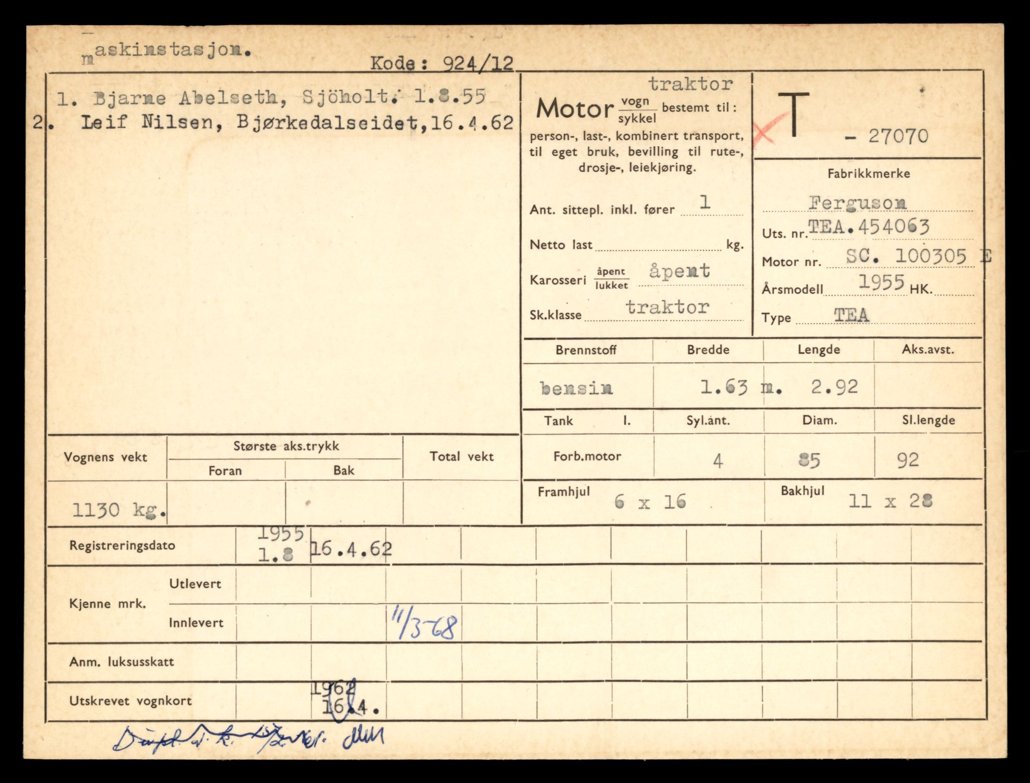 Møre og Romsdal vegkontor - Ålesund trafikkstasjon, AV/SAT-A-4099/F/Fe/L0074: Registreringskort for kjøretøy T 27070 - T 28049, 1927-1998, s. 3