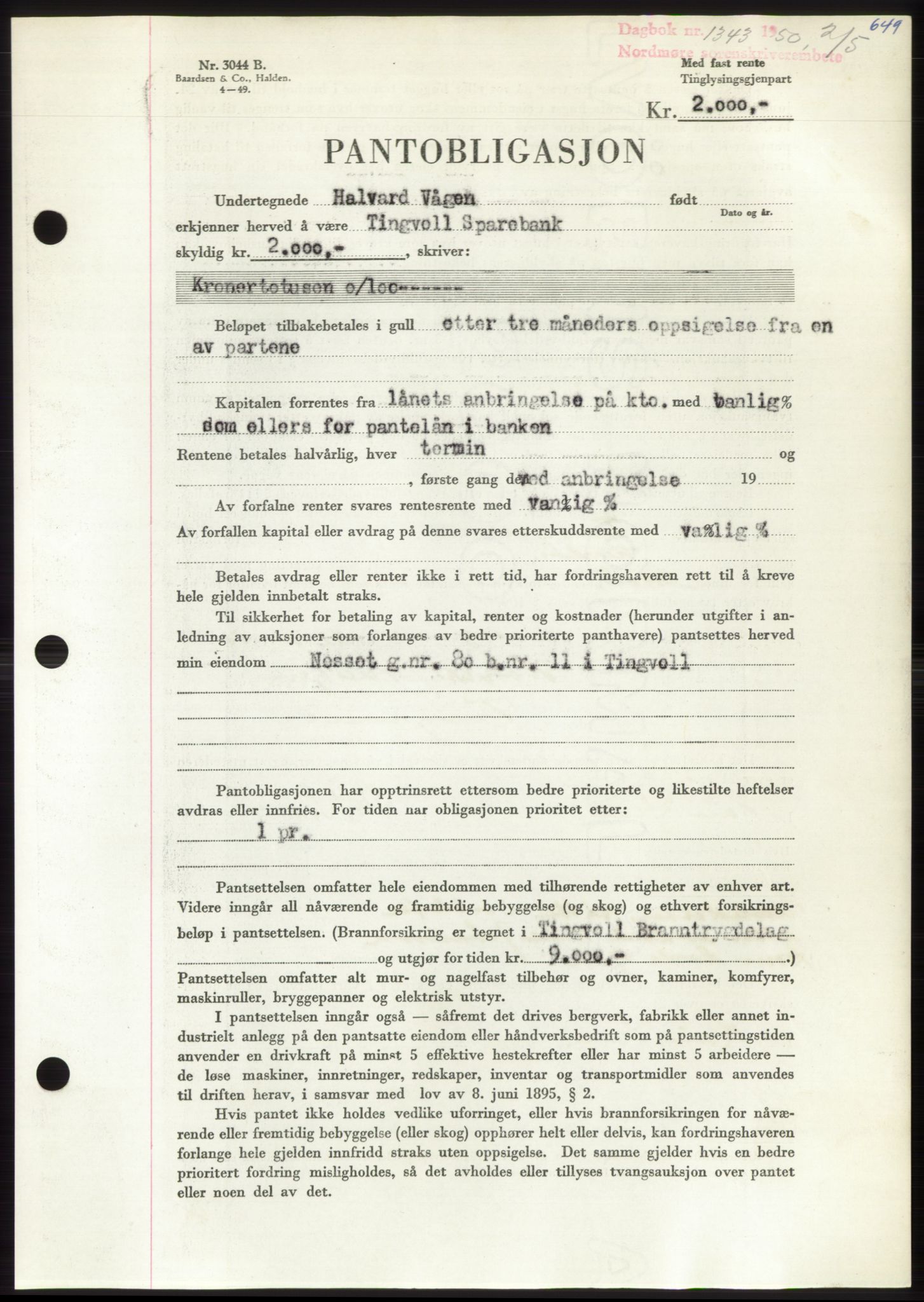 Nordmøre sorenskriveri, AV/SAT-A-4132/1/2/2Ca: Pantebok nr. B104, 1950-1950, Dagboknr: 1343/1950