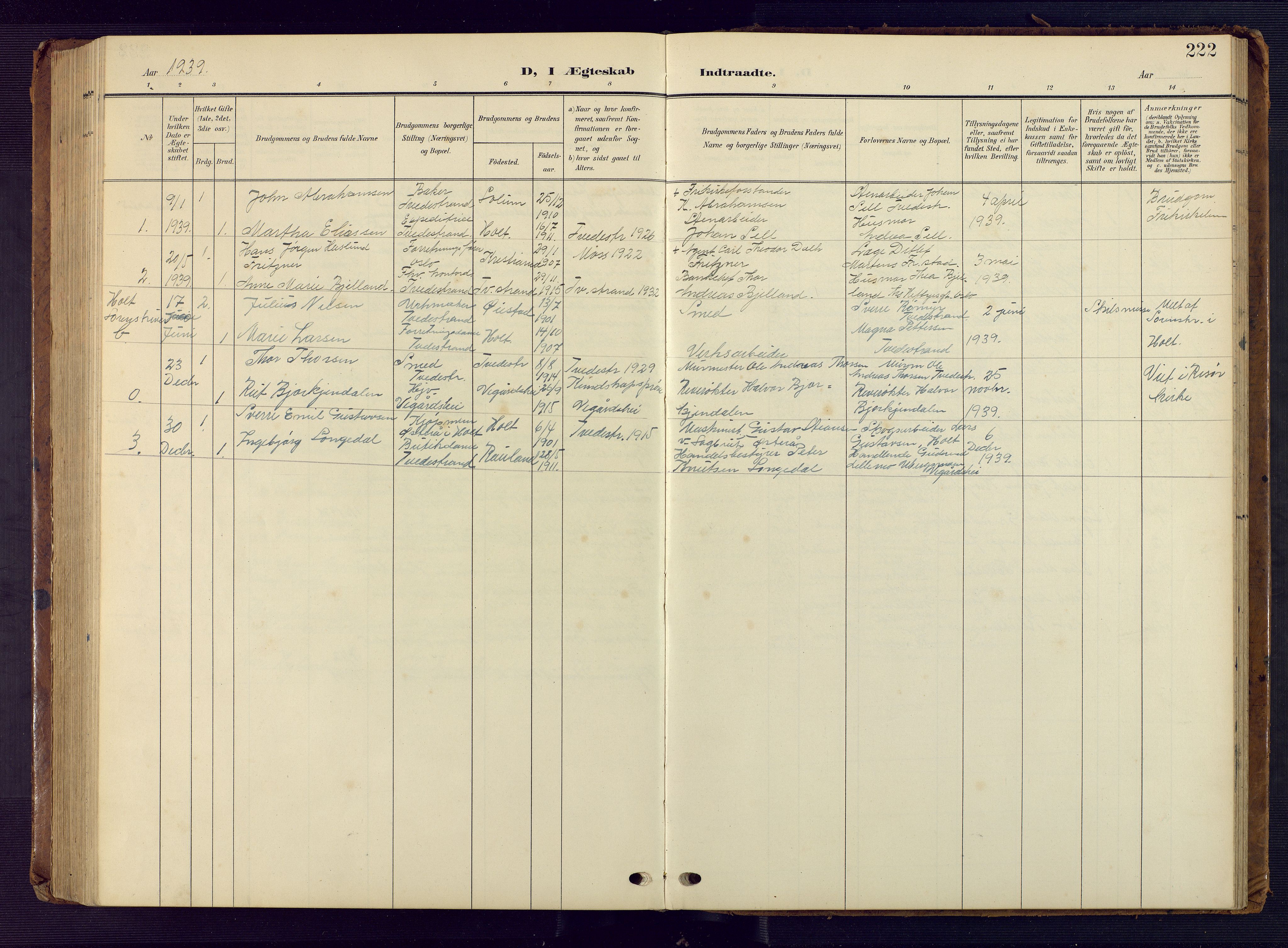 Tvedestrand sokneprestkontor, SAK/1111-0042/F/Fb/L0001: Klokkerbok nr. B 1, 1902-1956, s. 222