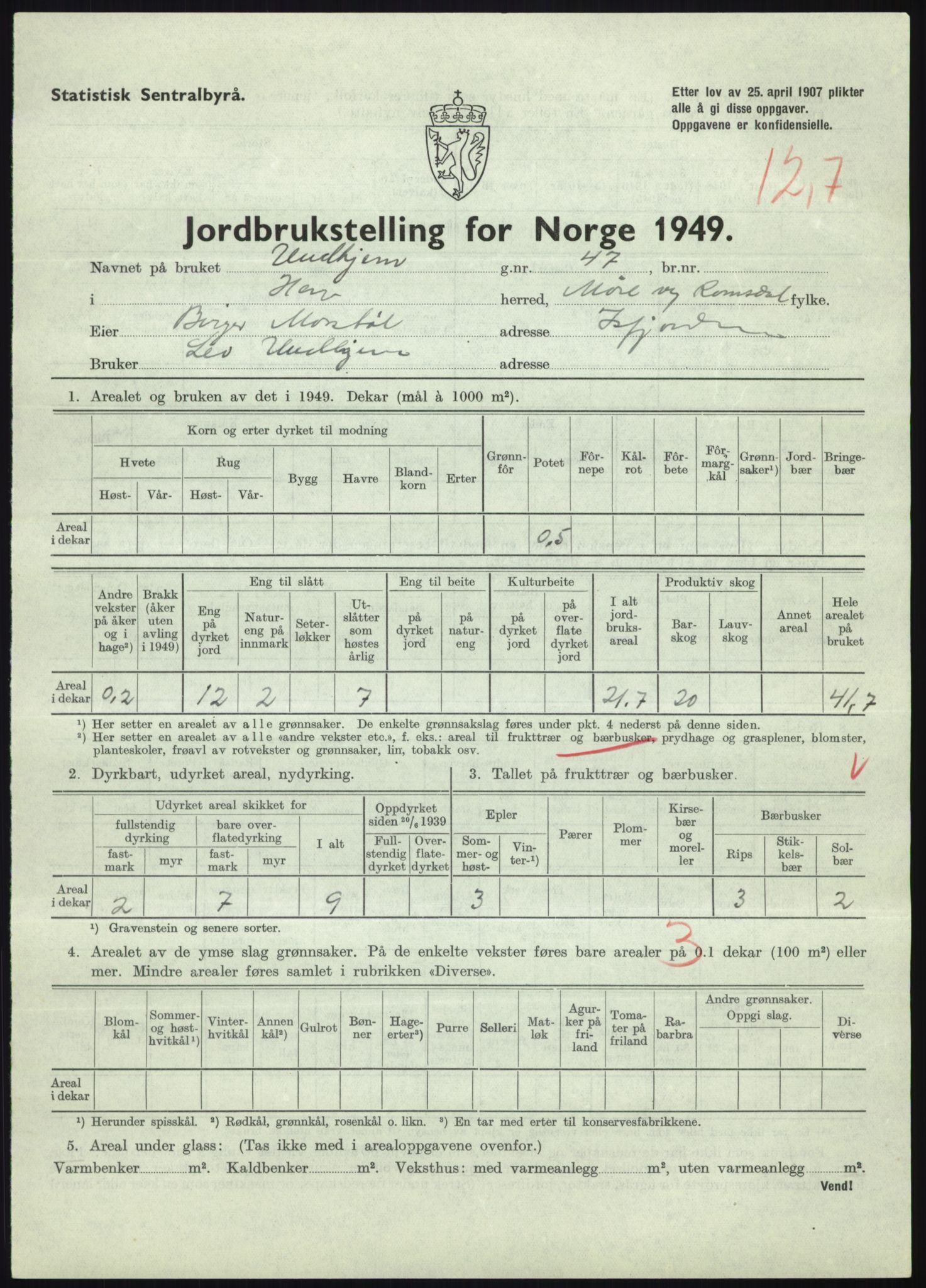 Statistisk sentralbyrå, Næringsøkonomiske emner, Jordbruk, skogbruk, jakt, fiske og fangst, AV/RA-S-2234/G/Gc/L0323: Møre og Romsdal: Grytten og Hen, 1949, s. 657