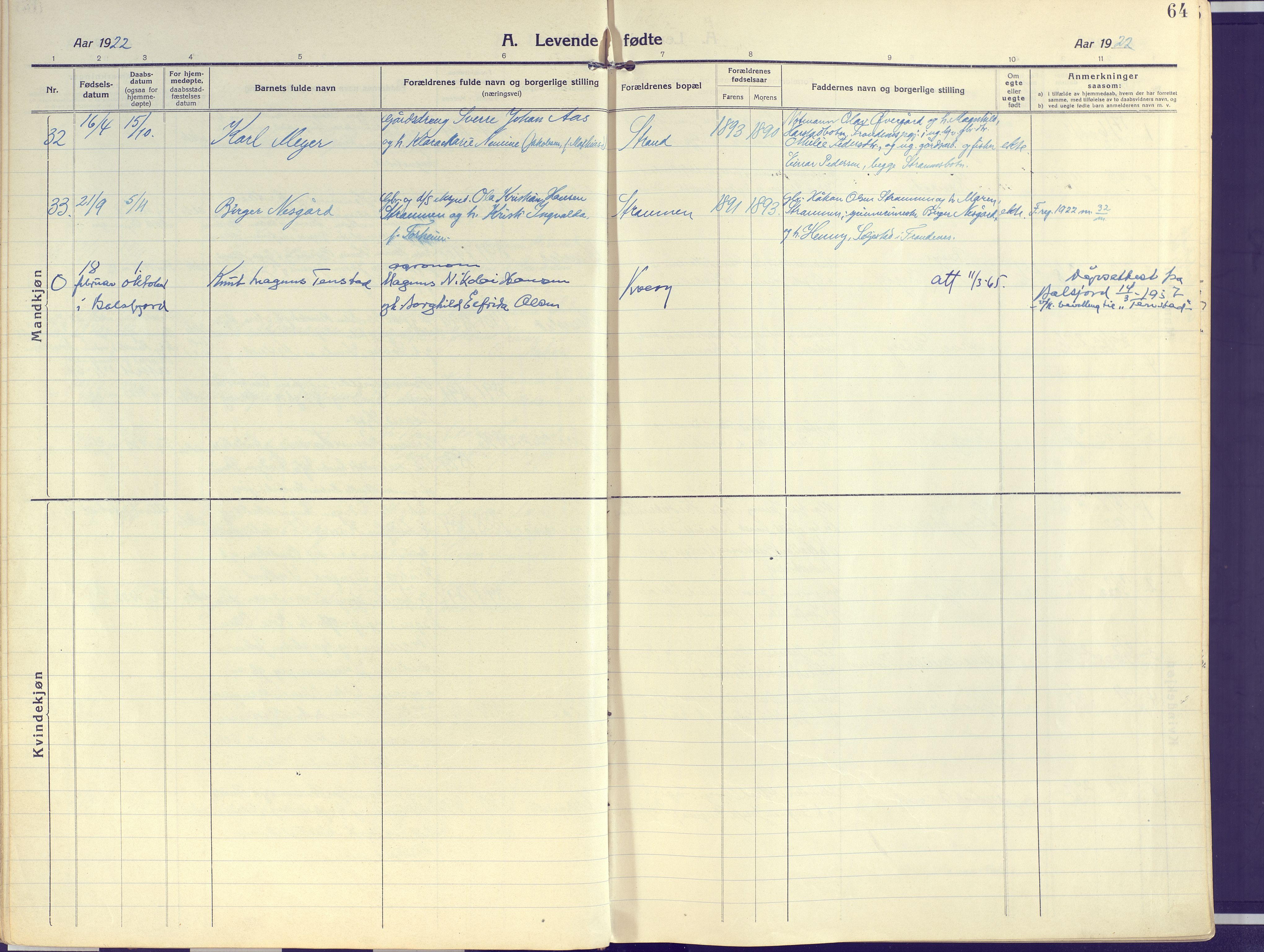 Kvæfjord sokneprestkontor, AV/SATØ-S-1323/G/Ga/Gaa/L0007kirke: Ministerialbok nr. 7, 1915-1931, s. 64