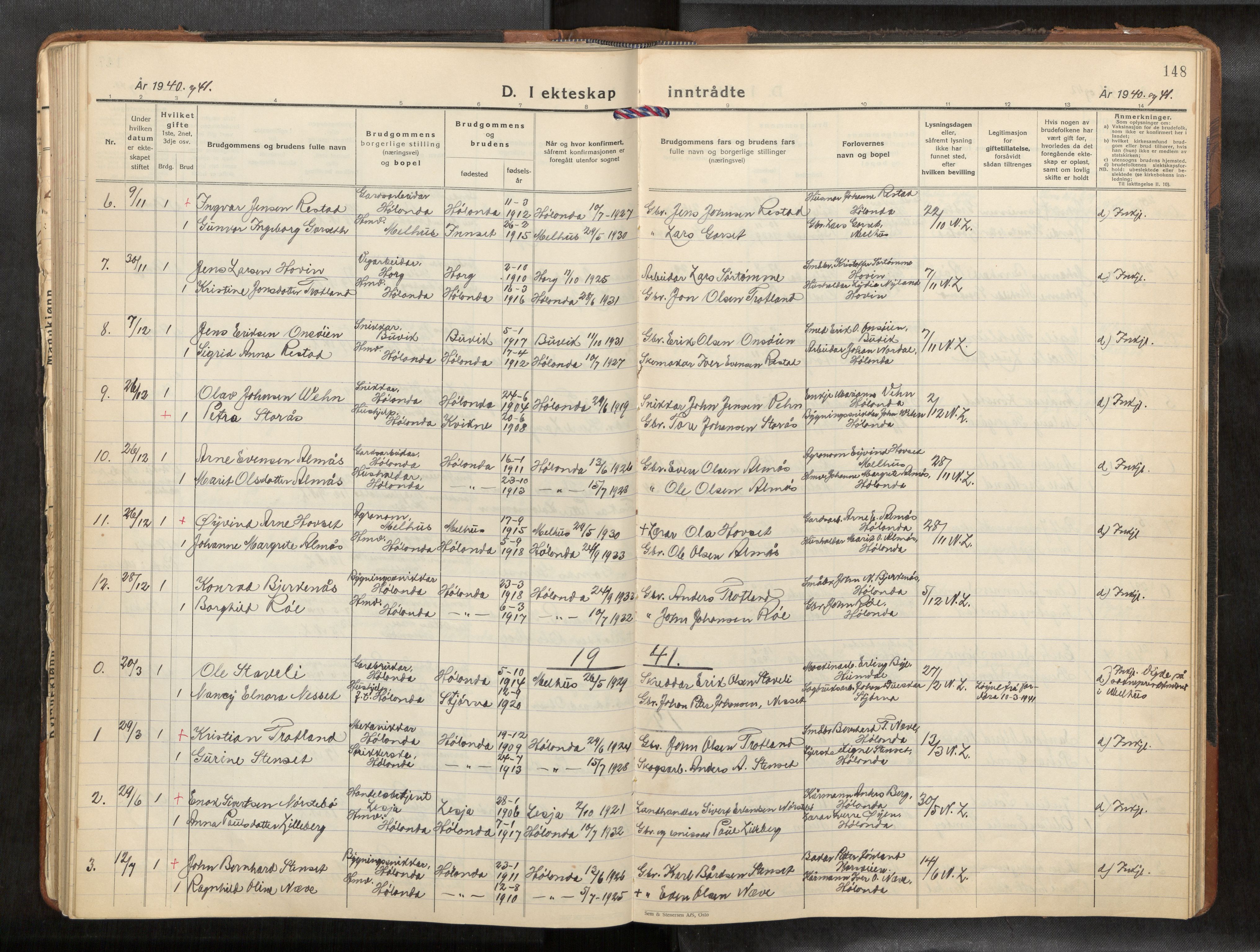 Ministerialprotokoller, klokkerbøker og fødselsregistre - Sør-Trøndelag, SAT/A-1456/694/L1134b: Klokkerbok nr. 694C07, 1937-1984, s. 148