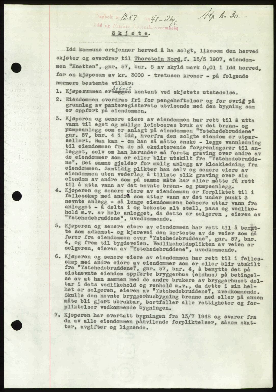 Idd og Marker sorenskriveri, SAO/A-10283/G/Gb/Gbb/L0011: Pantebok nr. A11, 1948-1949, Dagboknr: 1257/1948