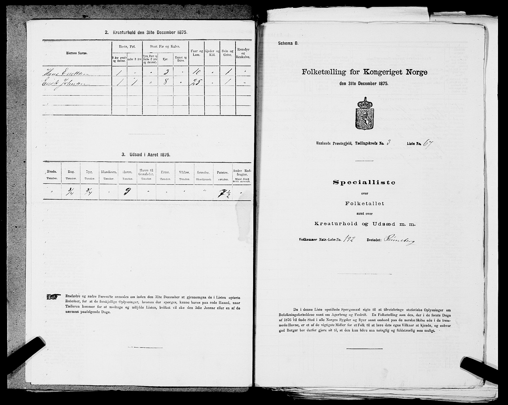 SAST, Folketelling 1875 for 1124P Håland prestegjeld, 1875, s. 521