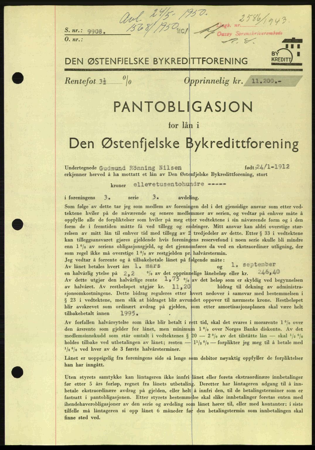 Onsøy sorenskriveri, SAO/A-10474/G/Ga/Gac/L0003: Pantebok nr. B3, 1940-1944, Dagboknr: 2586/1943