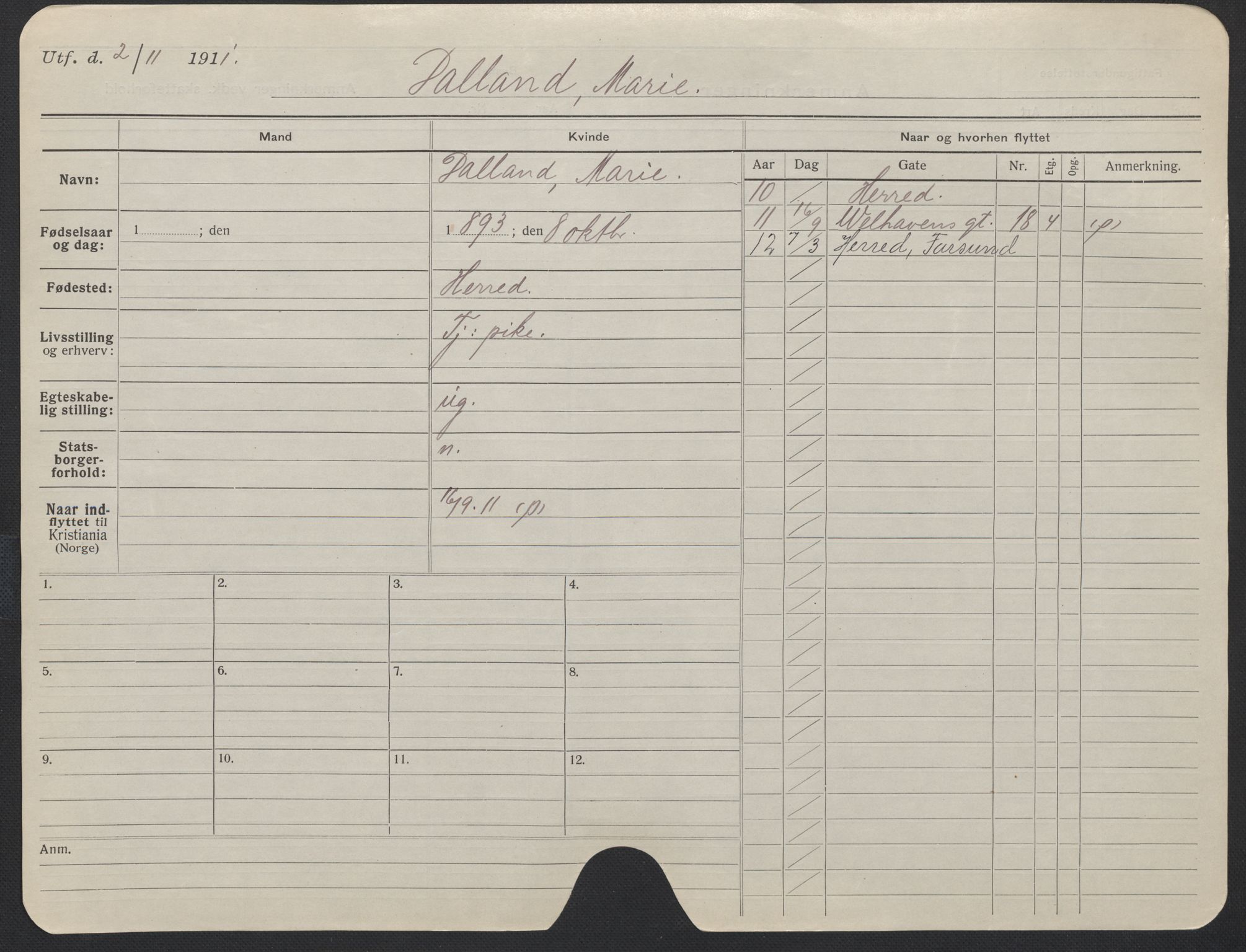 Oslo folkeregister, Registerkort, SAO/A-11715/F/Fa/Fac/L0013: Kvinner, 1906-1914, s. 1176a