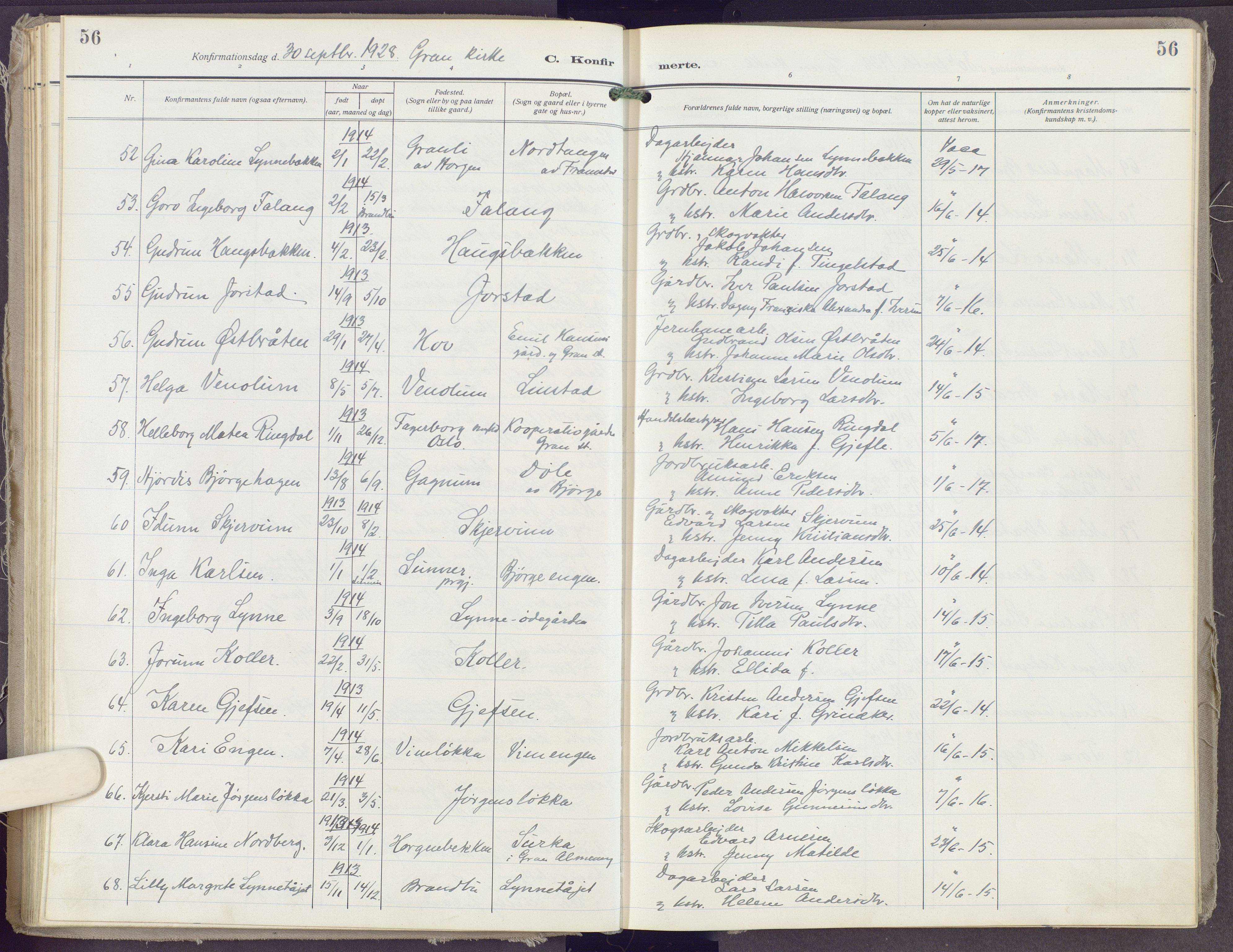 Gran prestekontor, AV/SAH-PREST-112/H/Ha/Haa/L0023: Ministerialbok nr. 23, 1919-1938, s. 56