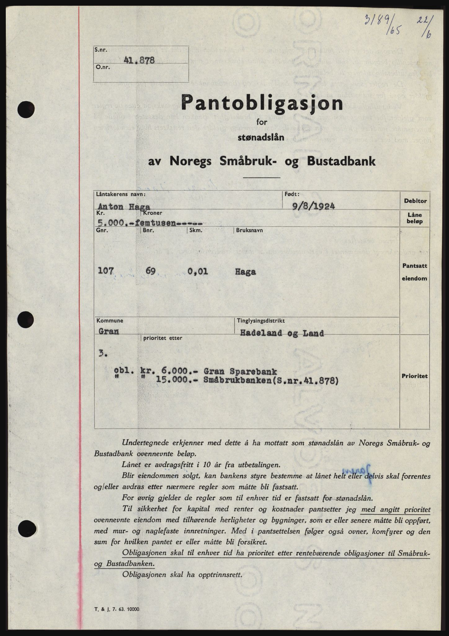Hadeland og Land tingrett, SAH/TING-010/H/Hb/Hbc/L0059: Pantebok nr. B59, 1965-1965, Dagboknr: 3189/1965