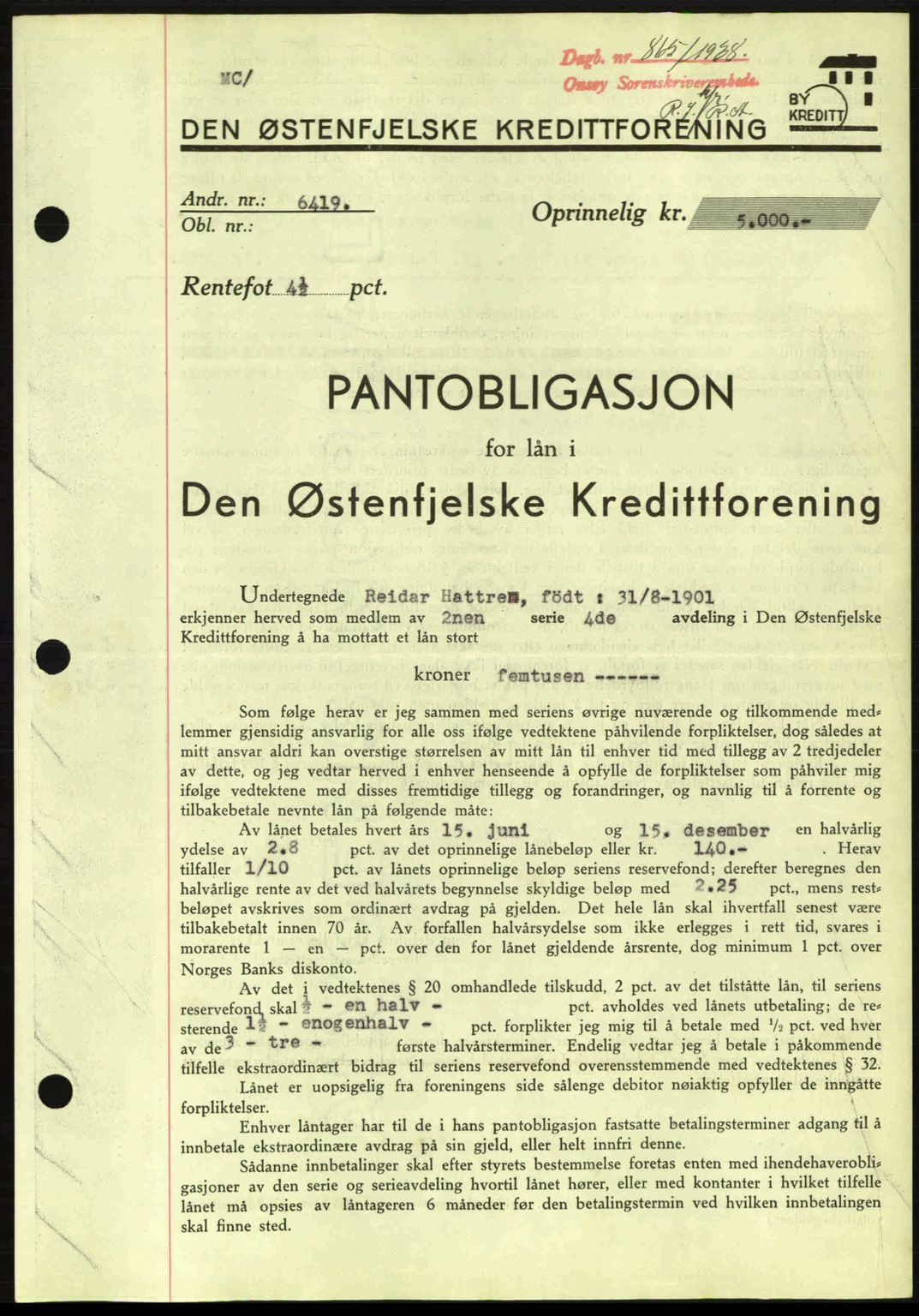 Onsøy sorenskriveri, SAO/A-10474/G/Ga/Gac/L0001: Pantebok nr. B1, 1936-1938, Dagboknr: 865/1938