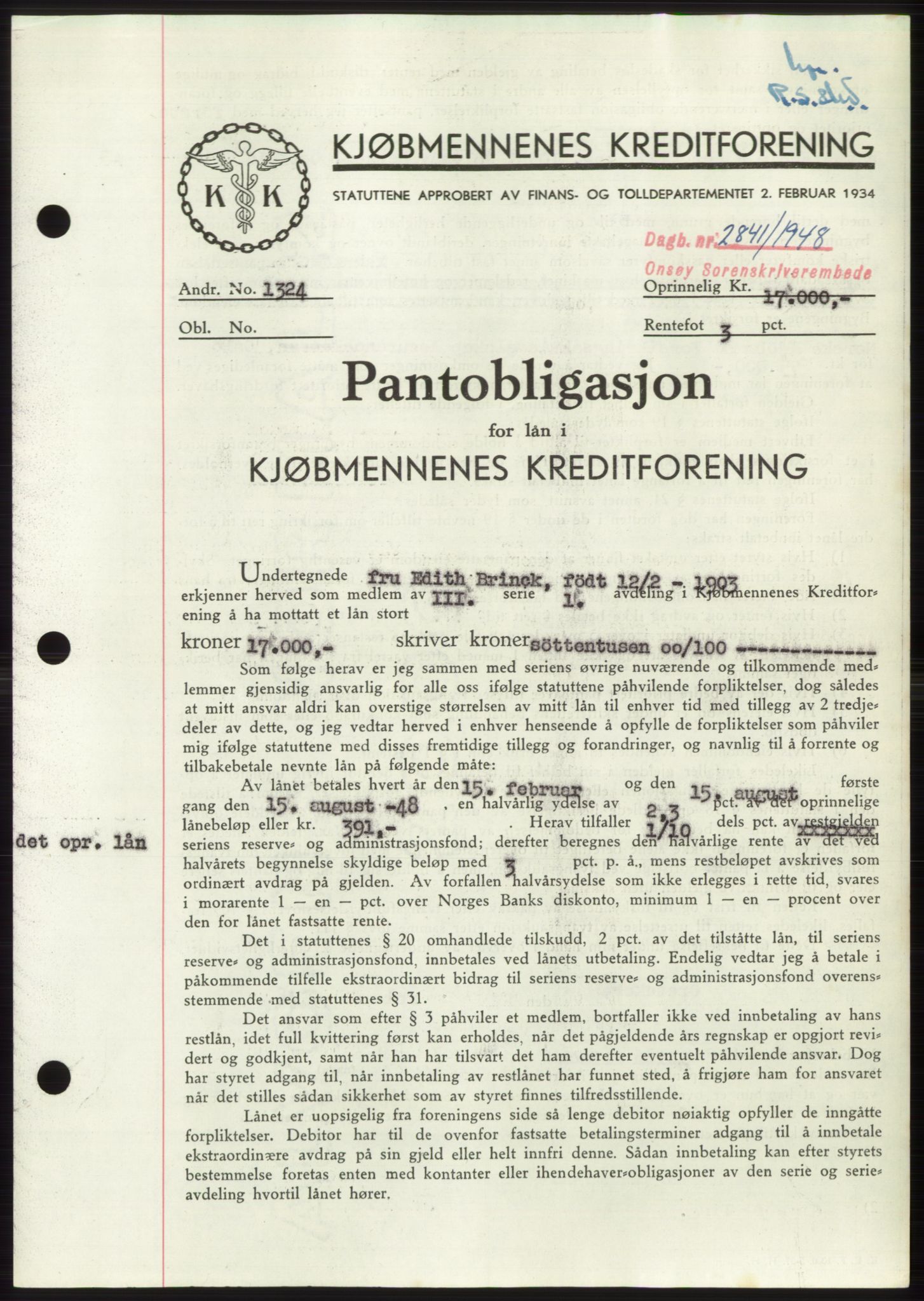 Onsøy sorenskriveri, SAO/A-10474/G/Ga/Gac/L0007: Pantebok nr. B 14-7, 1948-1948, Dagboknr: 2841/1948